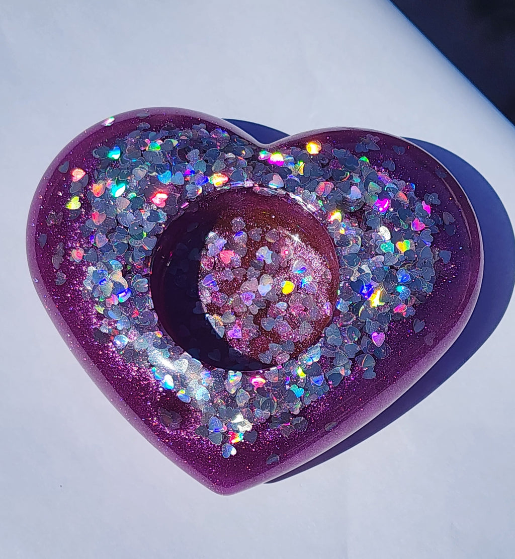 Heart Tealight Candle Holder- Purple with Iridescent Heart Glitter