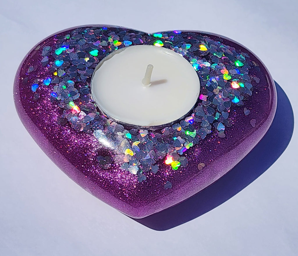 Heart Tealight Candle Holder- Purple with Iridescent Heart Glitter