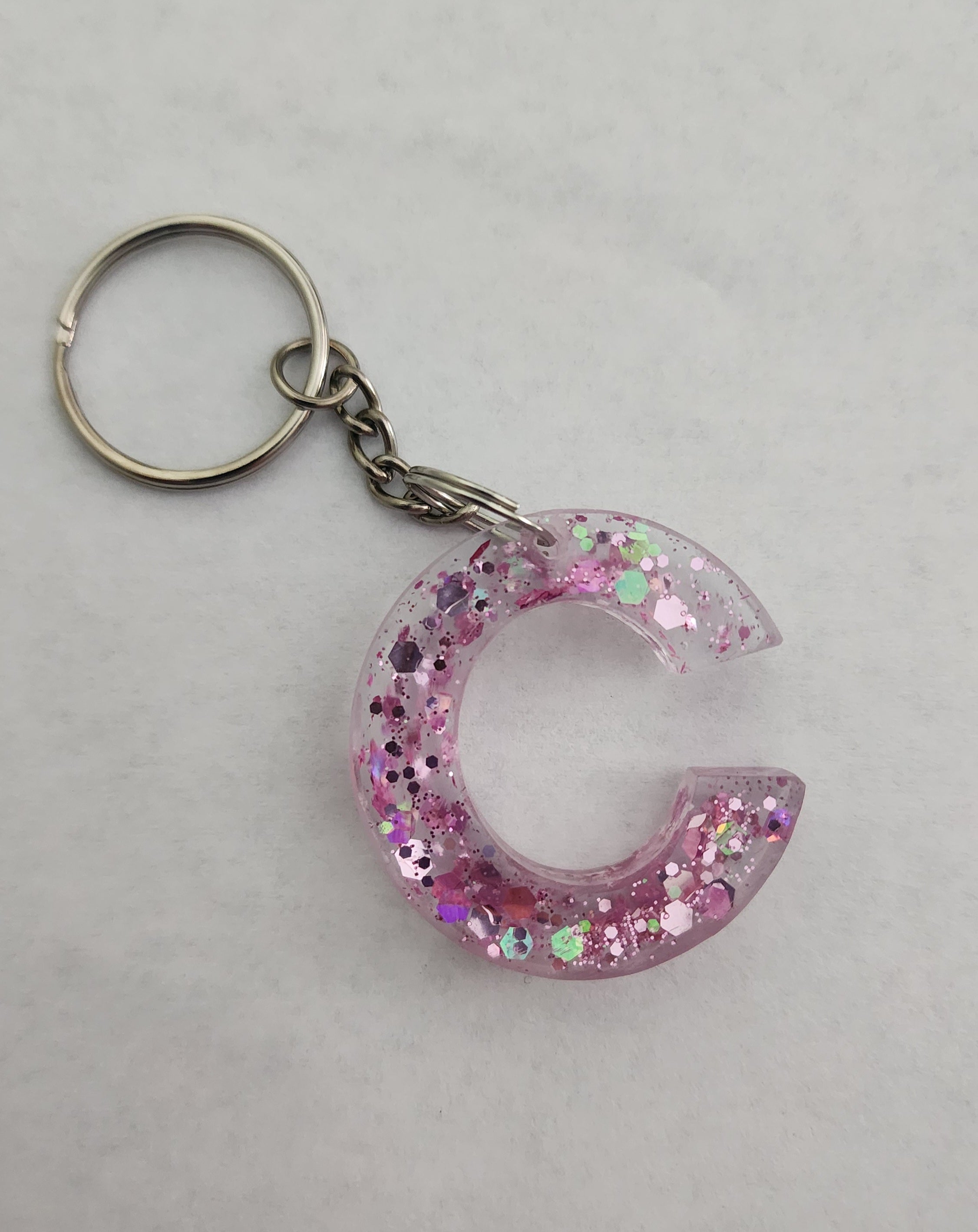 C Keychain- Clear with Purple Iridescent Glitter