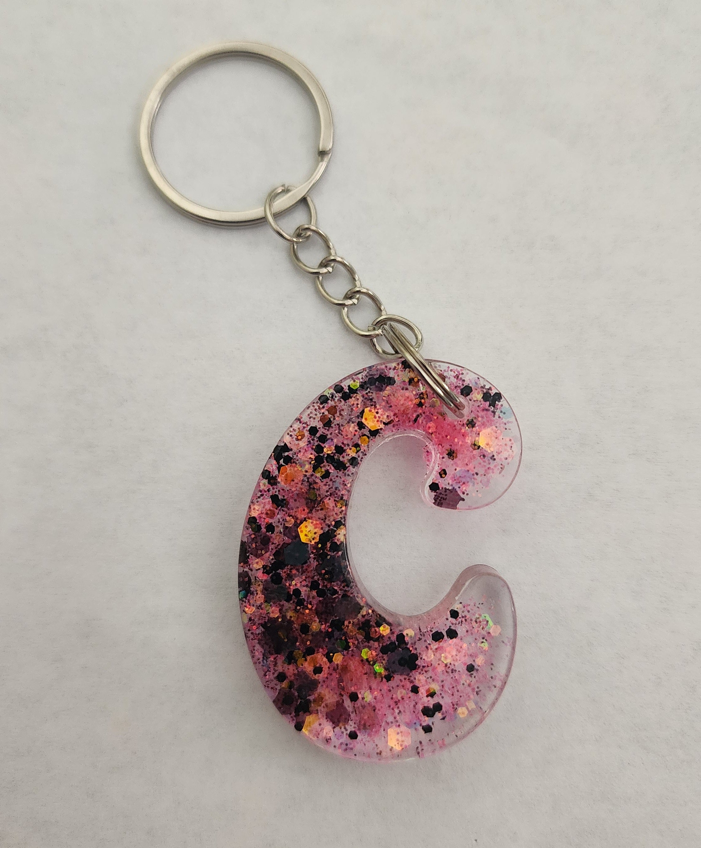 C 'Groovy' Keychain- Pink & Black Glitter