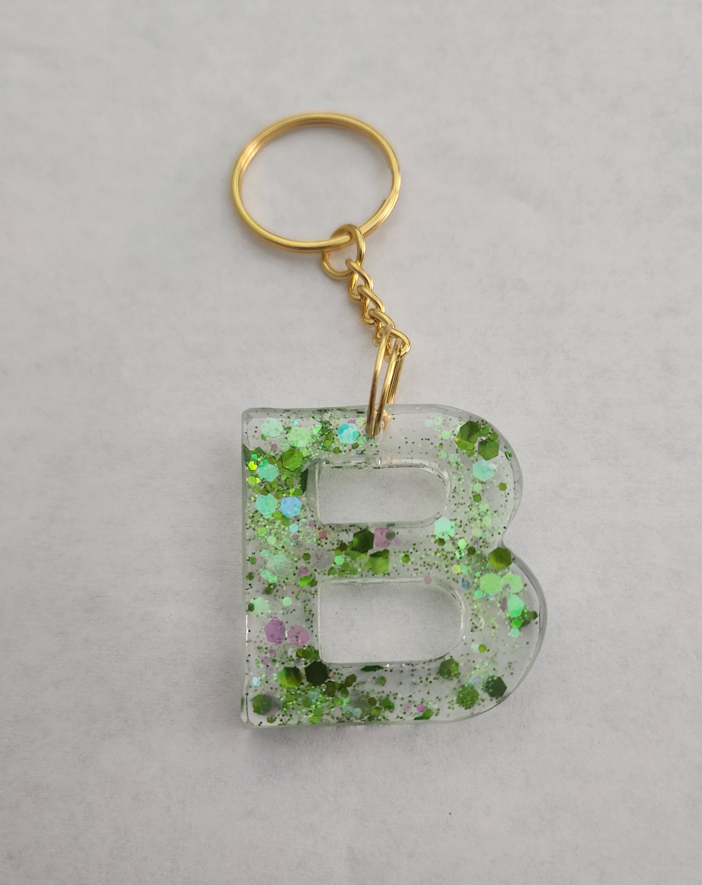 B Keychain-Clear with Green Glitter