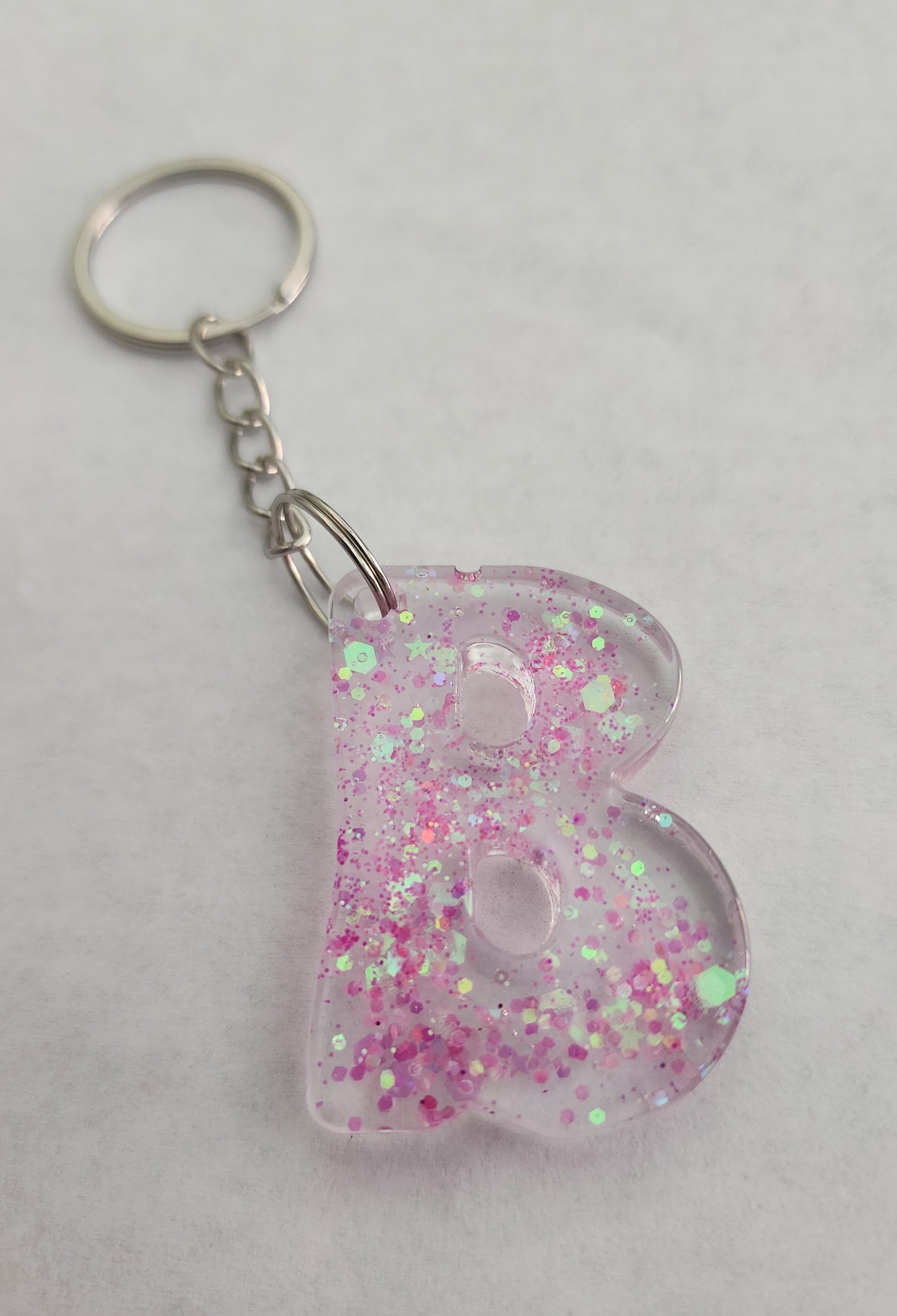 B 'Groovy' Keychain- Clear with Pink Iridescent Glitter