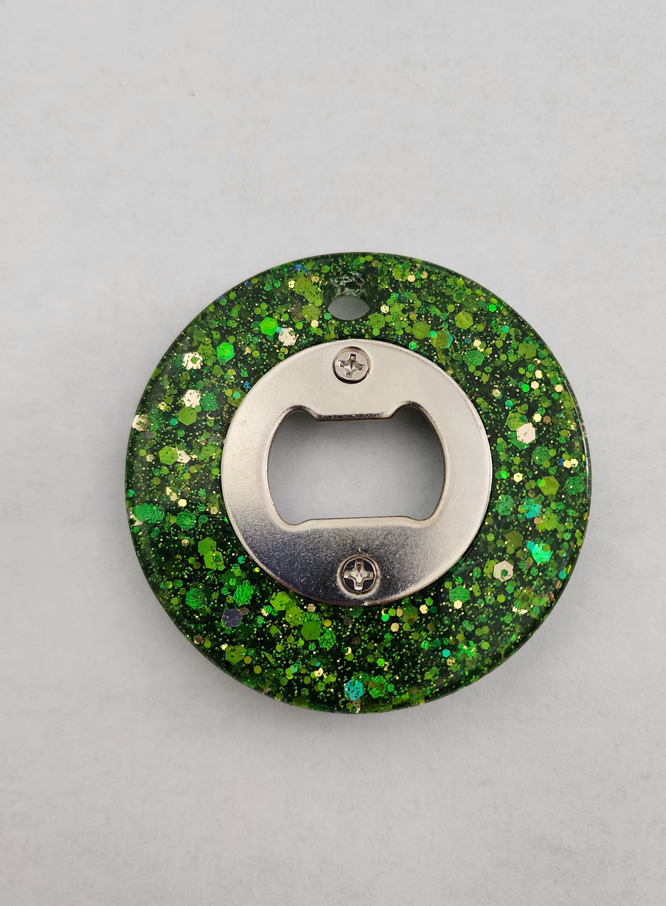 Round Bottle Opener- Green Glitter