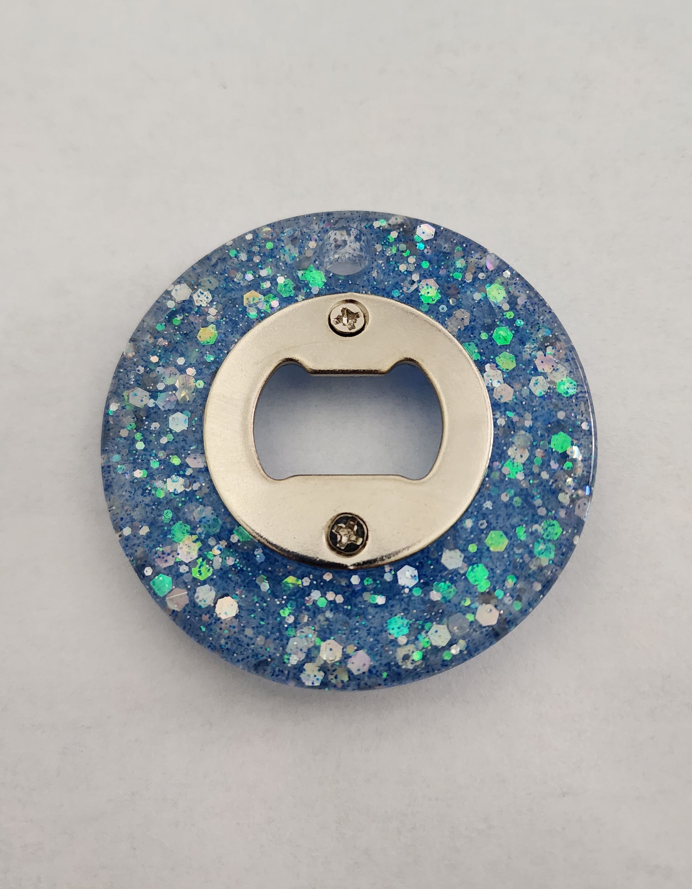 Round Bottle Opener- Blue Glitter