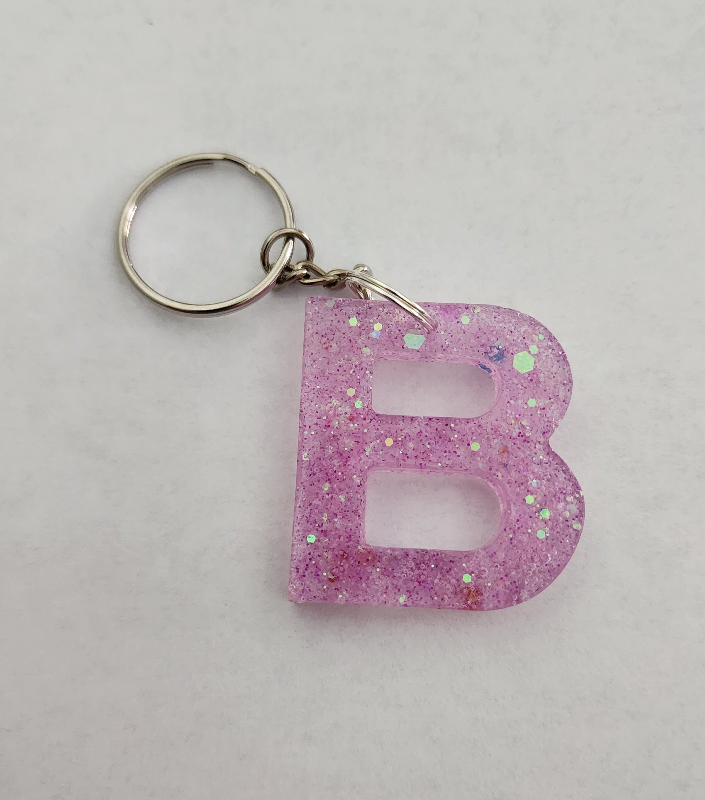 B Keychain- Pink & Iridescent Glitter