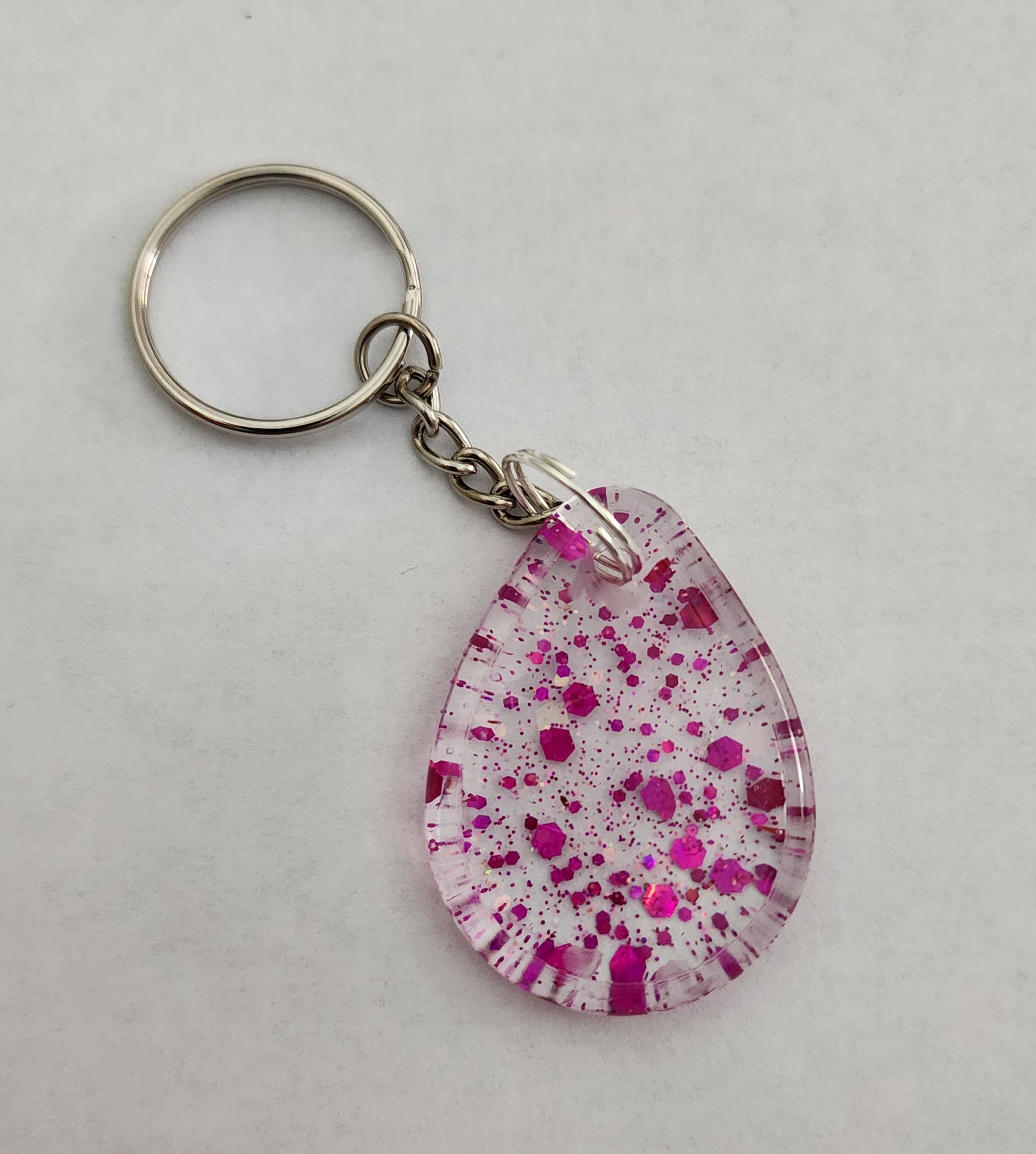Oval Keychain- Clear with Pink Glitter