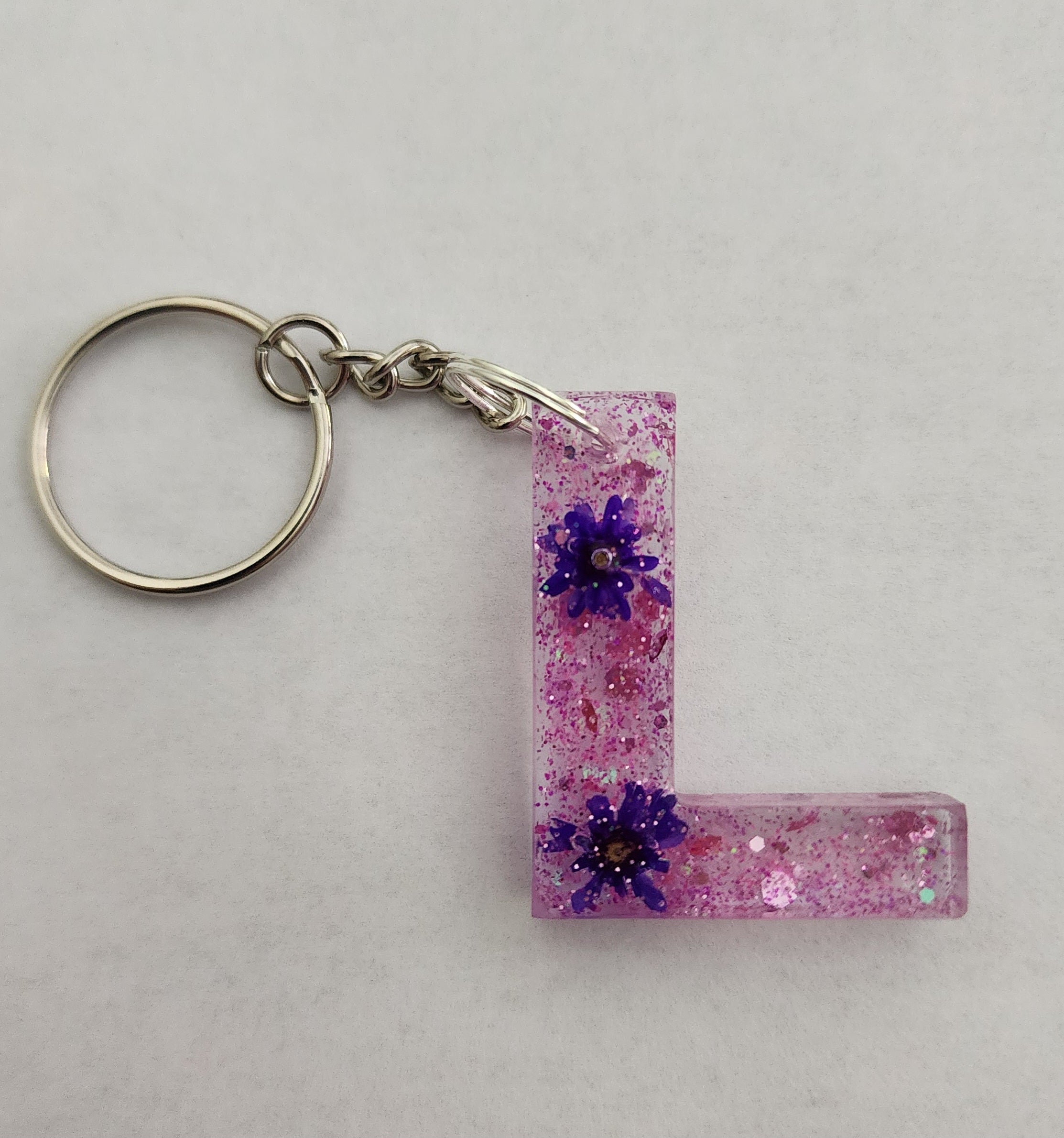 L Keychain-Pink Glitter with Purple Flowers