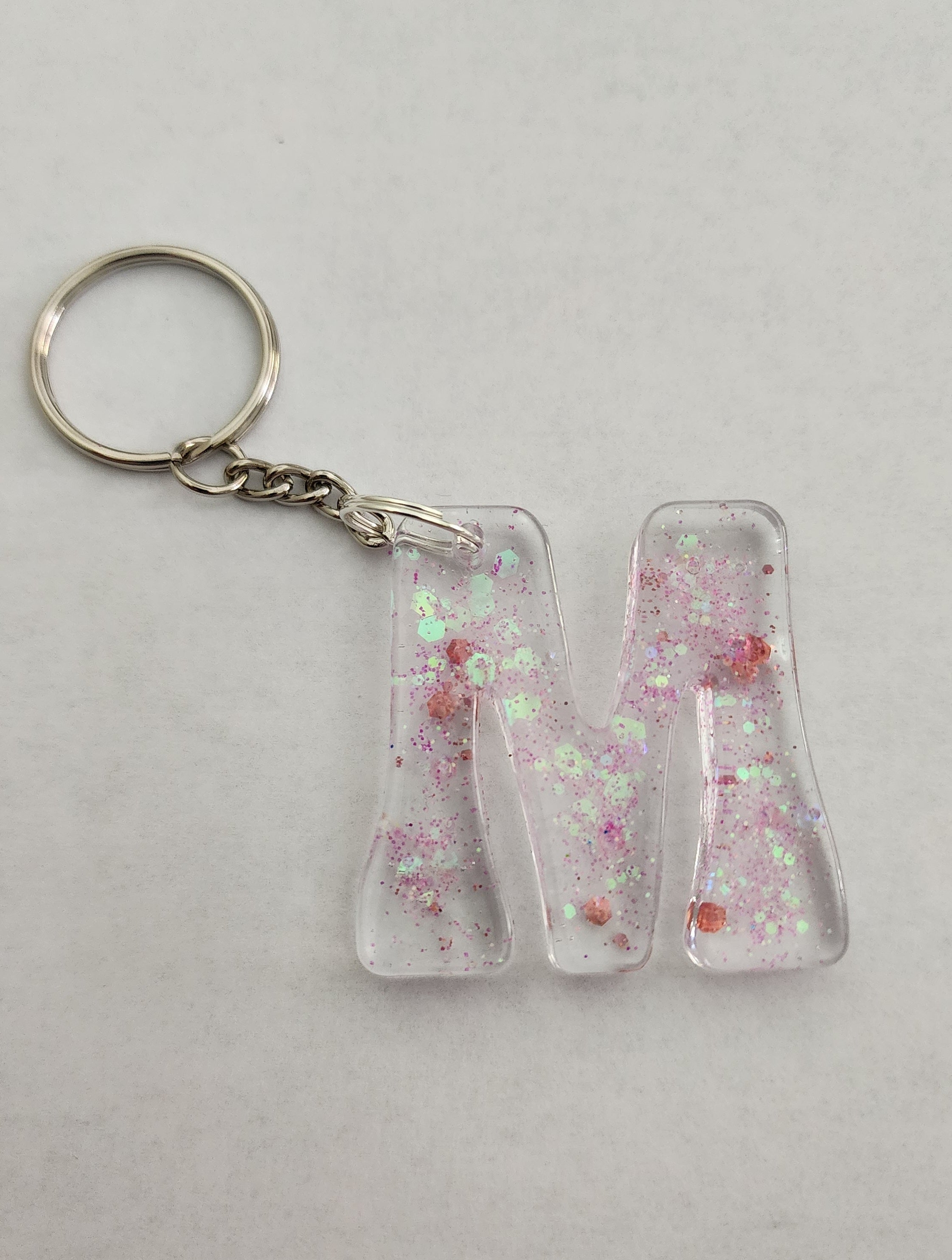 M 'Groovy' Keychain- Clear with Iridescent Glitter
