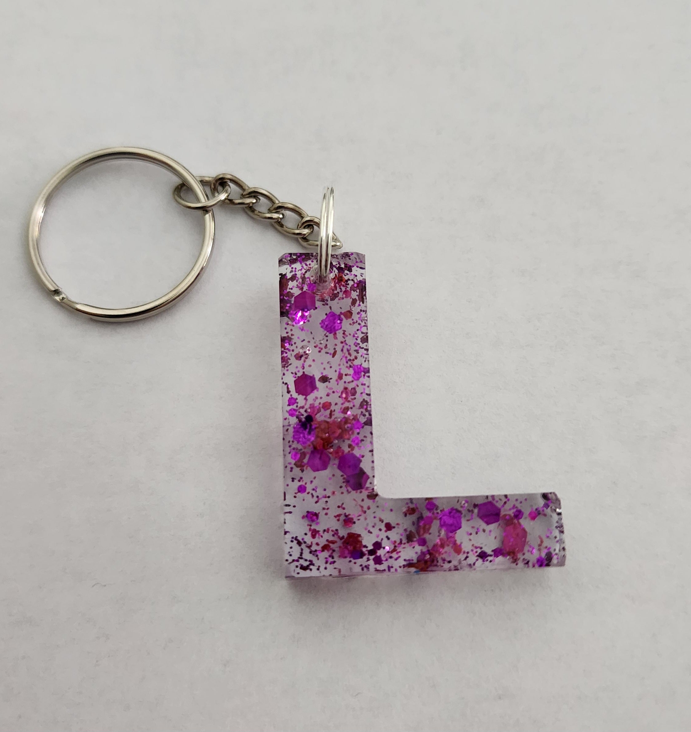 L Keychain Clear with Dark Pink Glitter