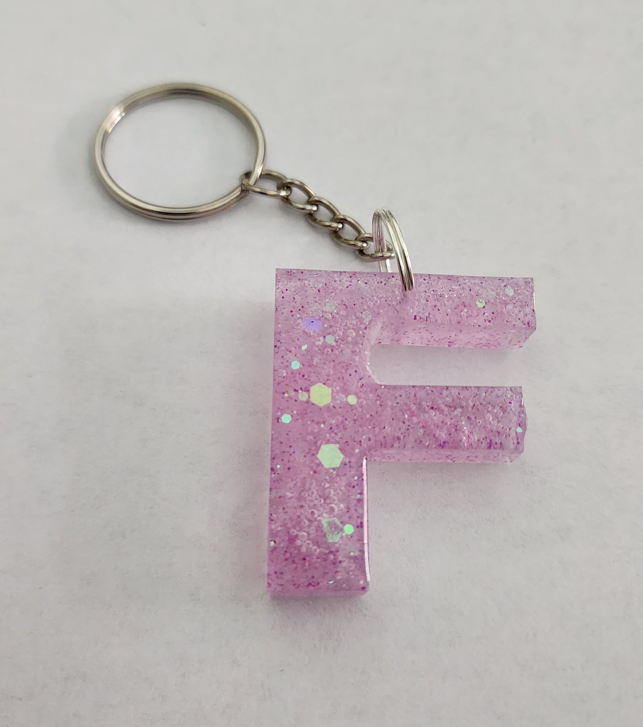F Keychain with Pink Iridescent Glitter