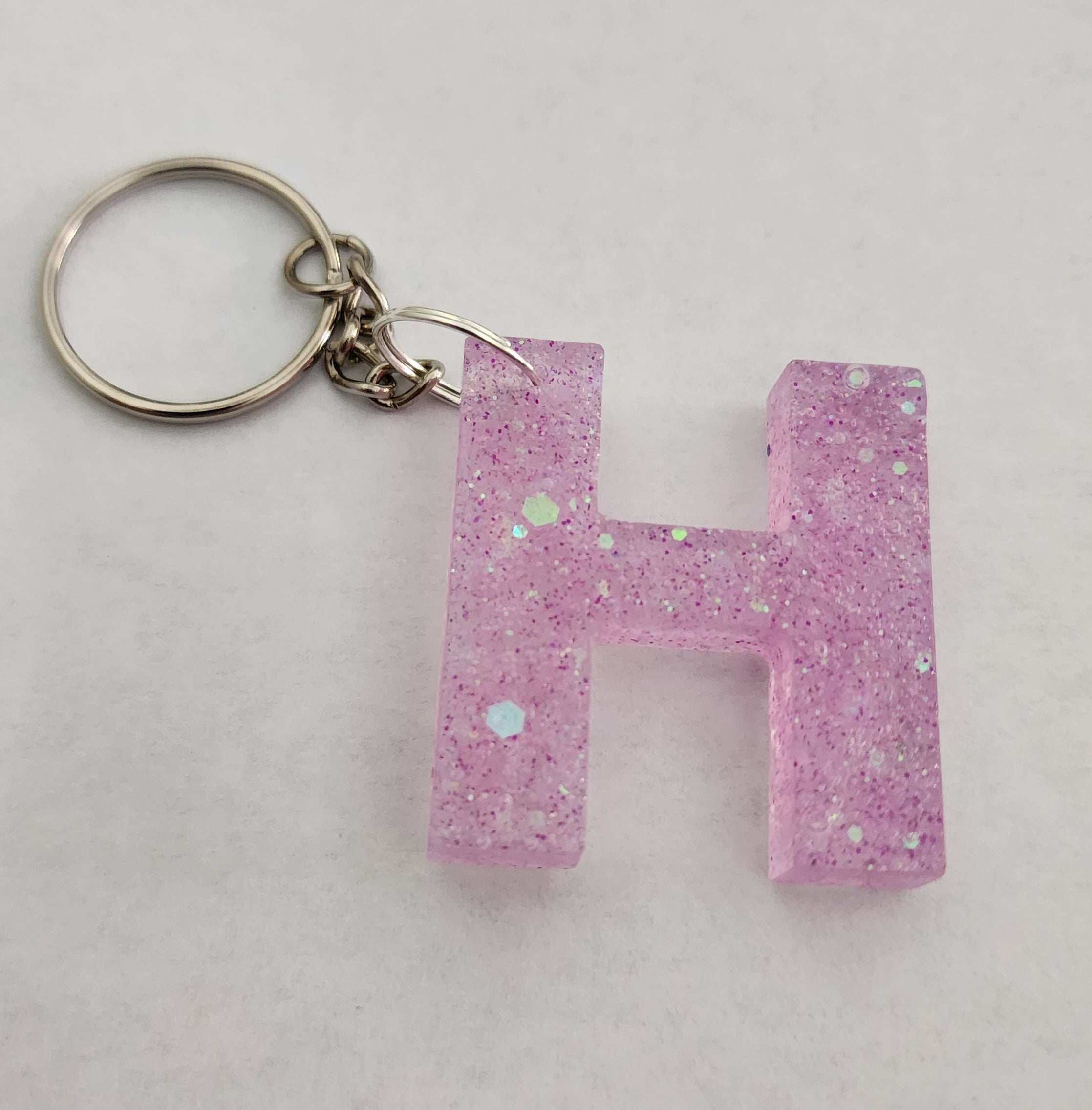 H Keychain with Pink Iridescent Glitter