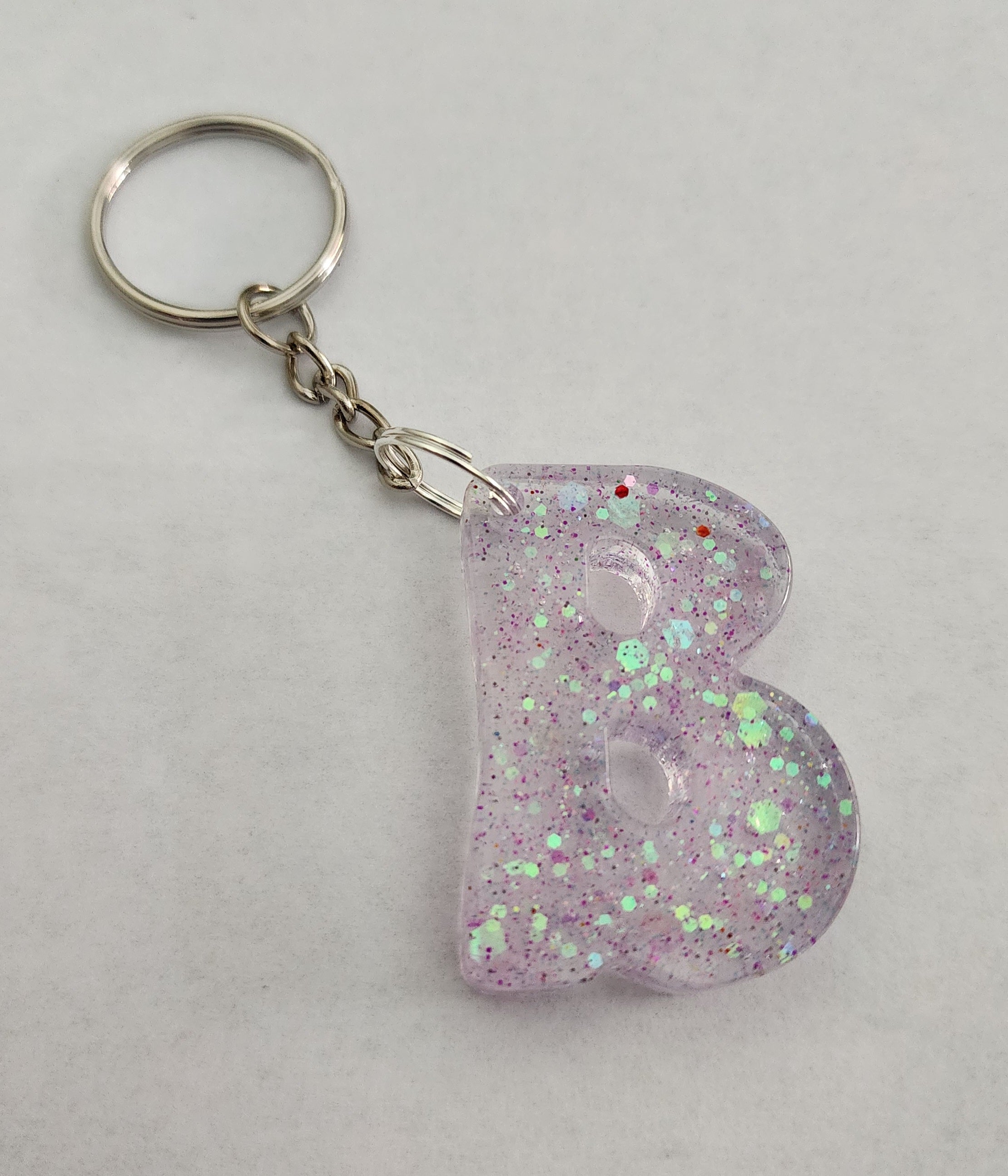 B 'Groovy' Keychain- Clear with Iridescent Glitter