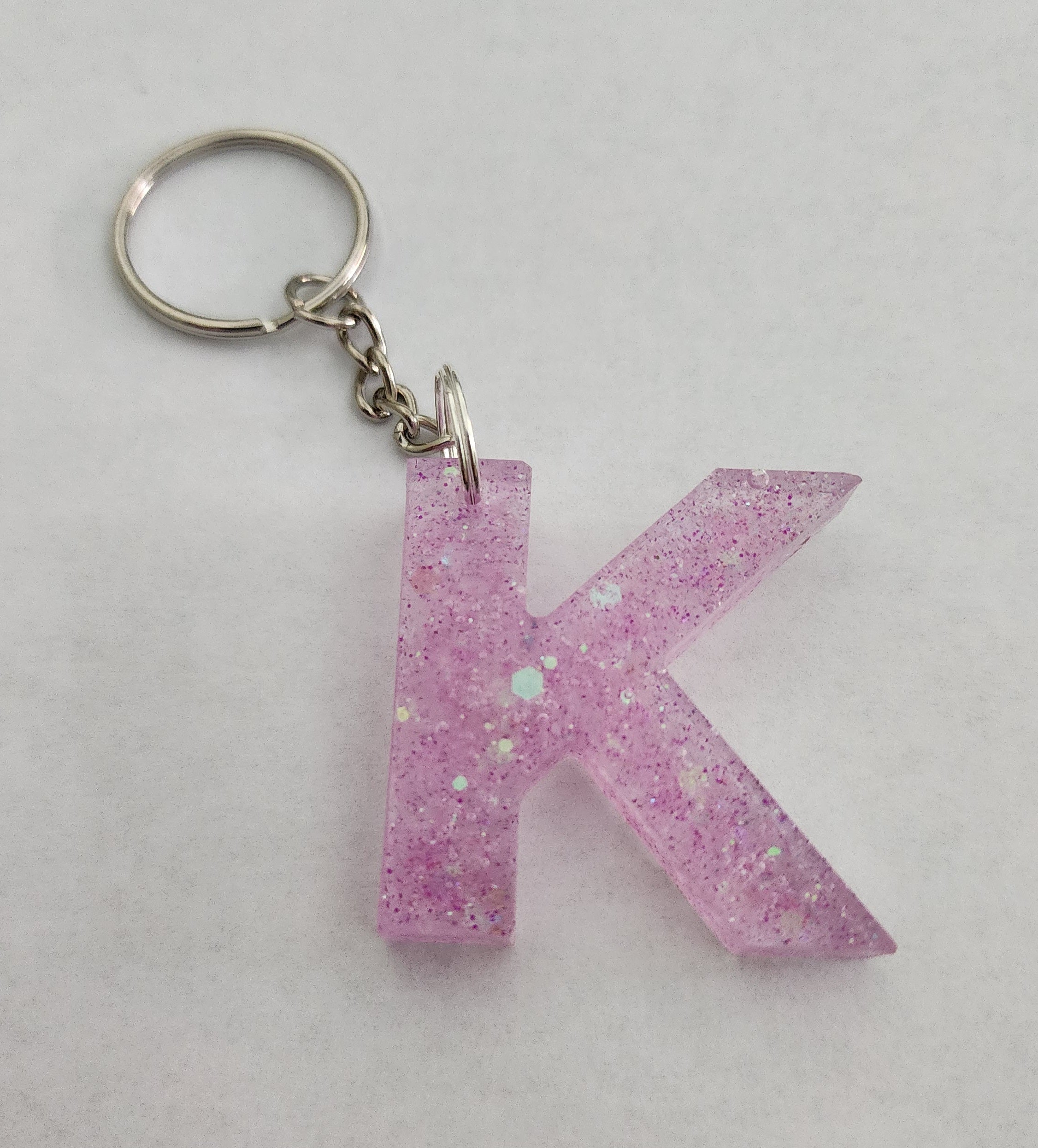 K Keychain with Pink & Iridescent Glitter