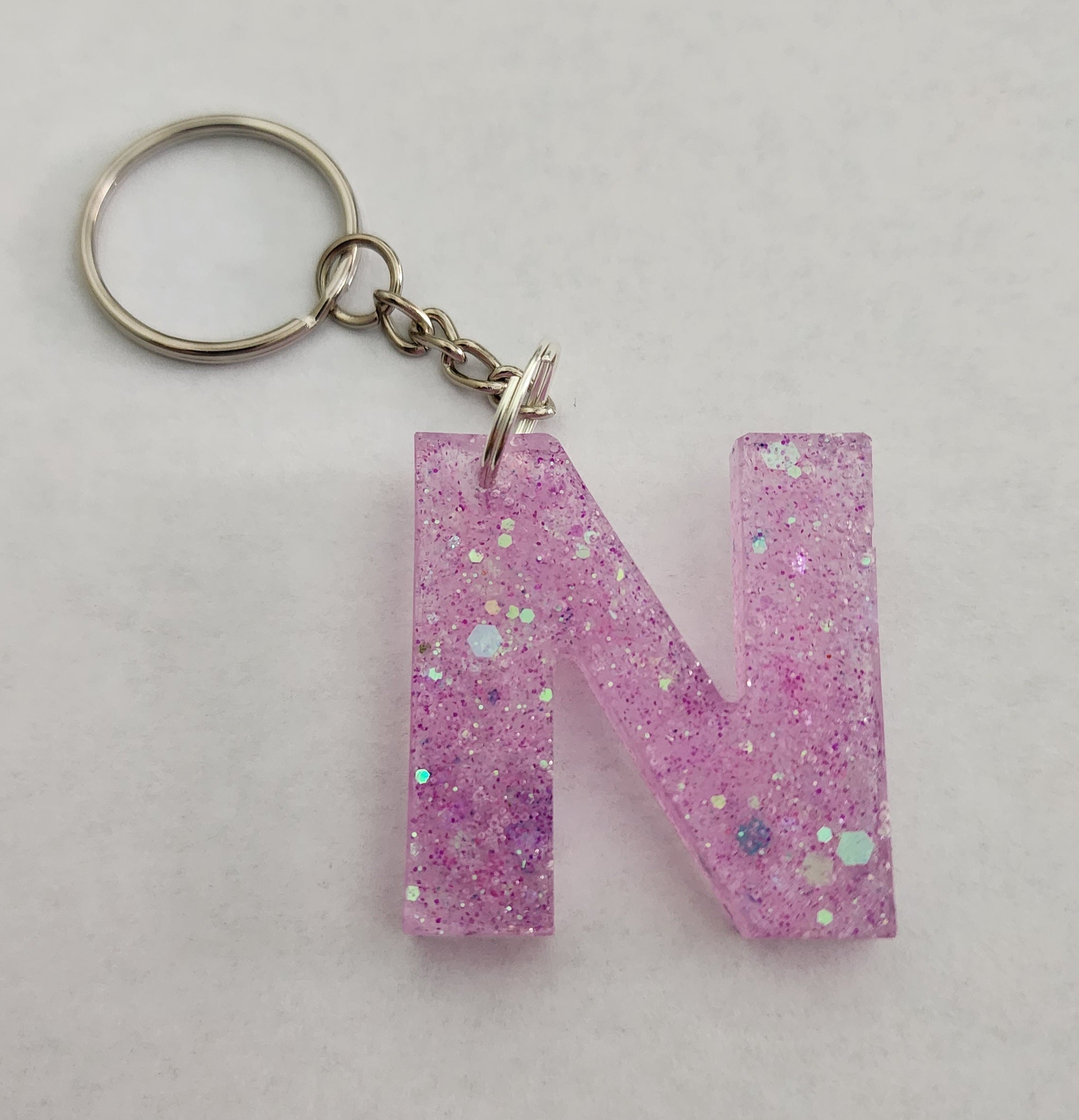 N Keychain with Pink & Iridescent Glitter