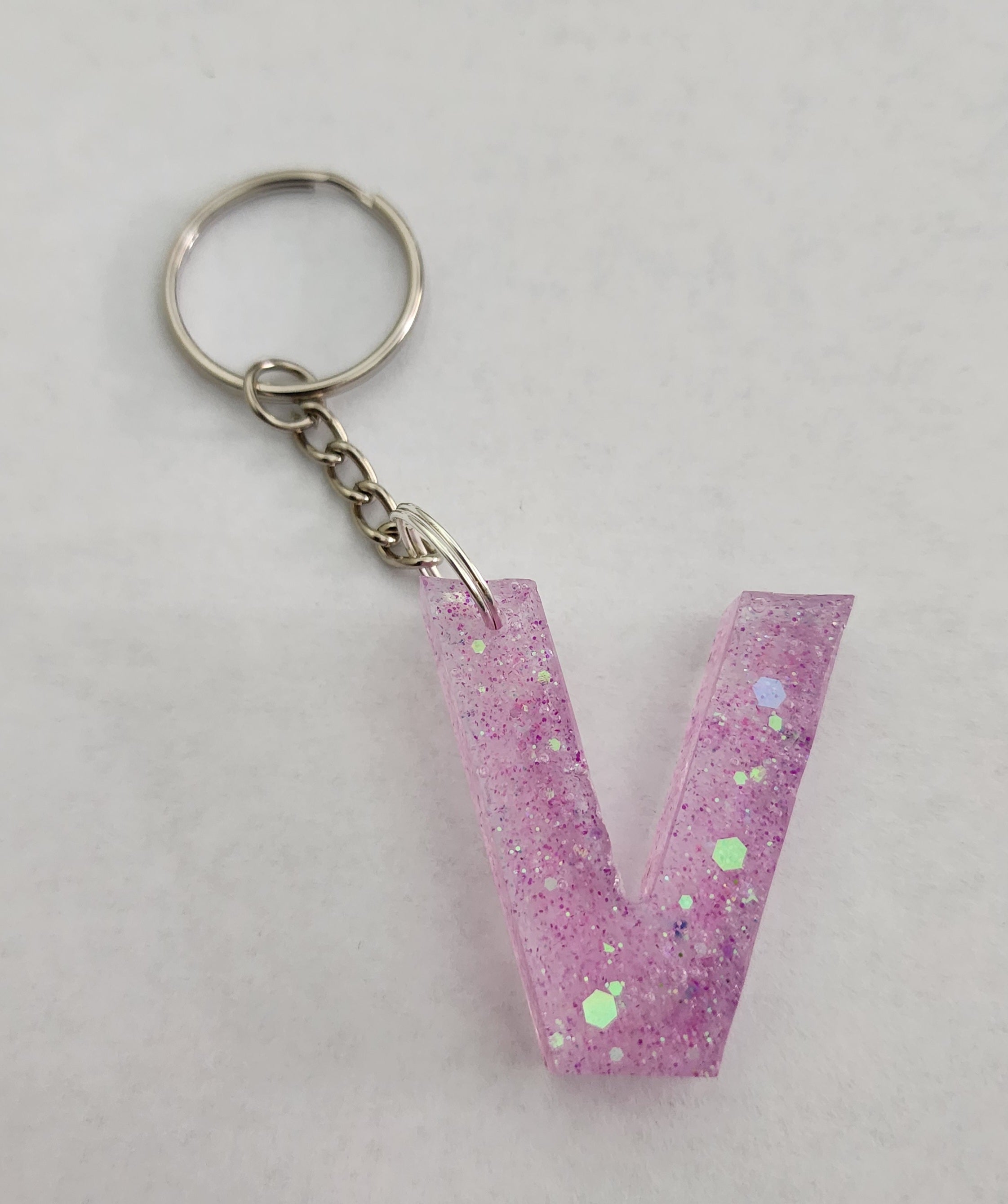 V Keychain Pink & Iridescent Glitter