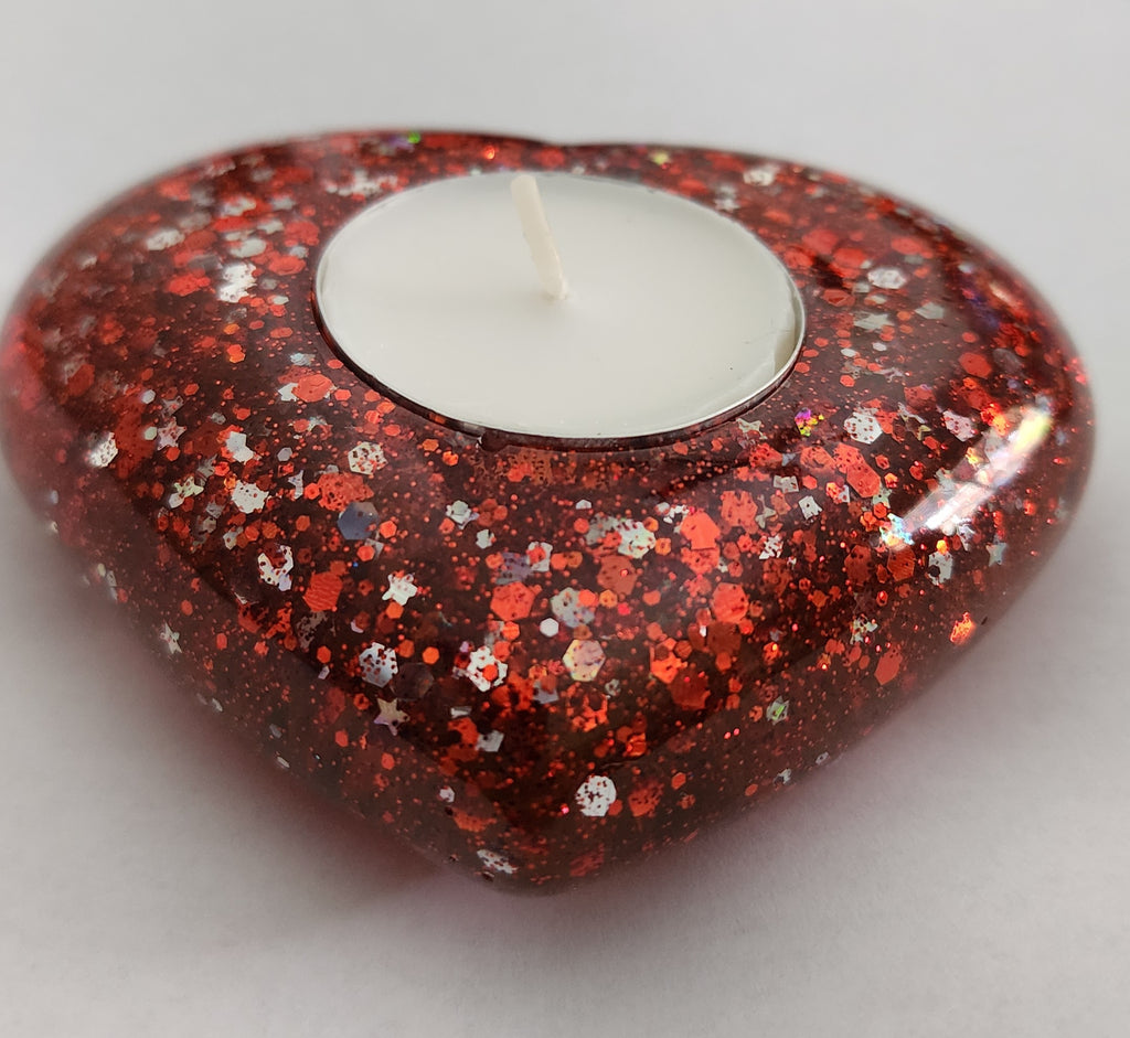 Heart Tealight Candle Holder- Red & Silver Glitter