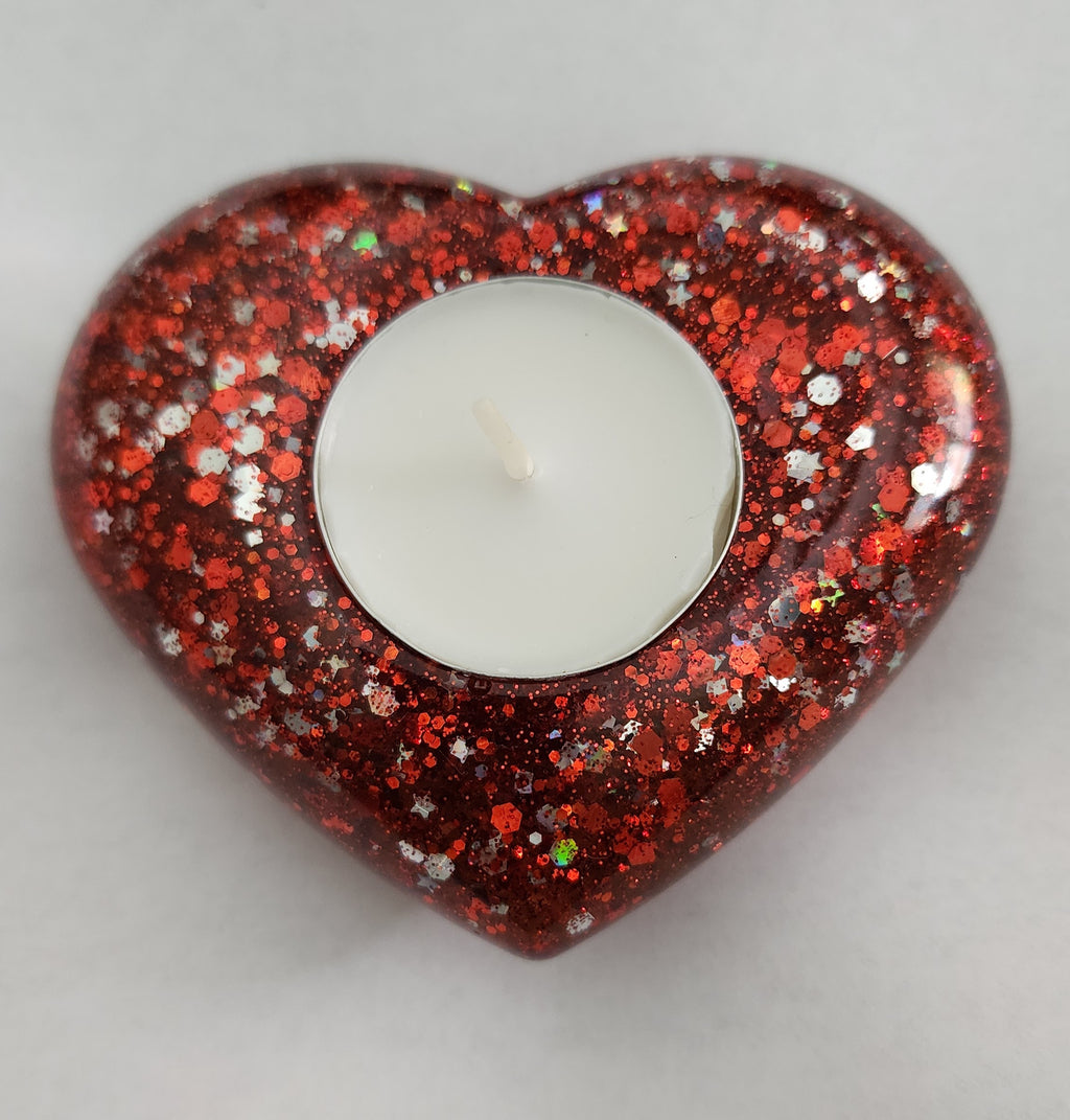 Heart Tealight Candle Holder- Red & Silver Glitter