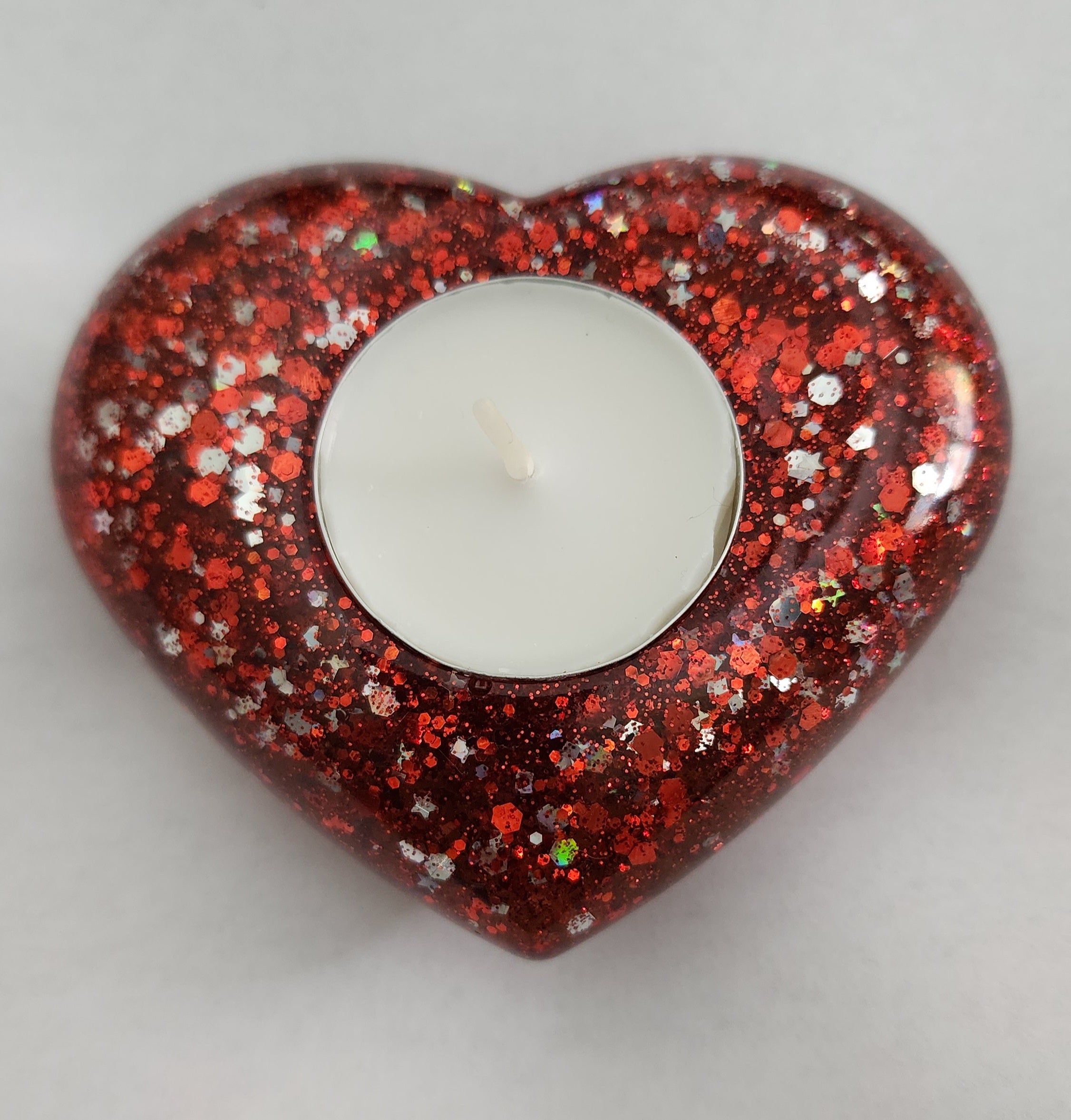 Heart Tealight Candle Holder- Red & Silver Glitter