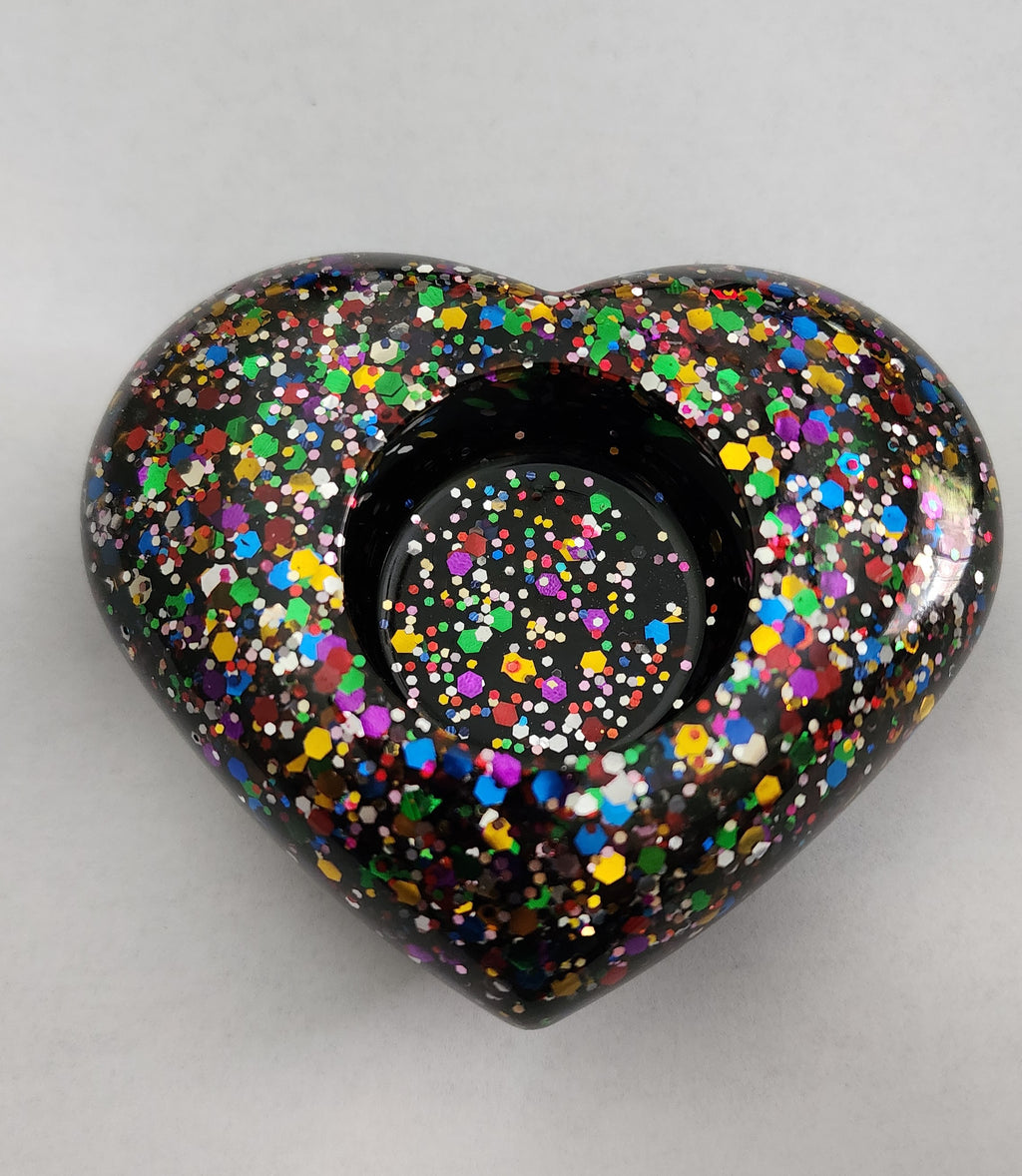 Heart Tealight Candle Holder- Black with Rainbow Glitter