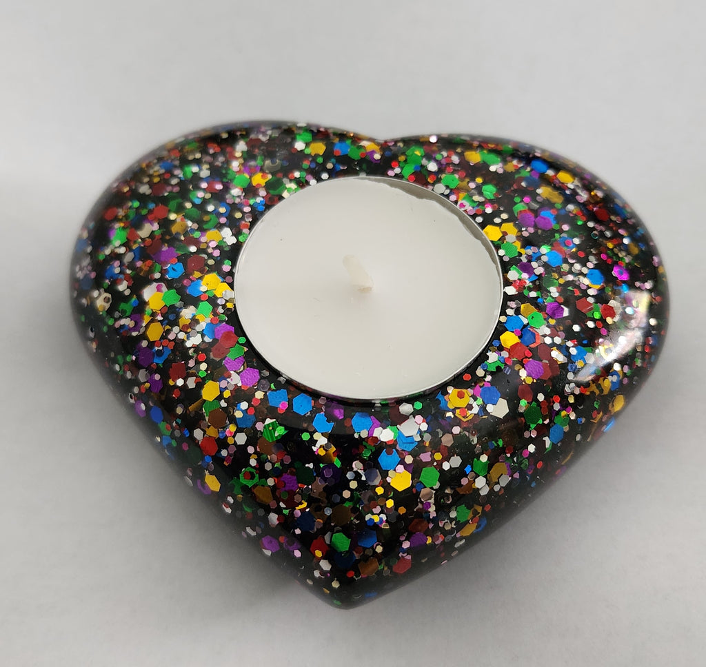 Heart Tealight Candle Holder- Black with Rainbow Glitter