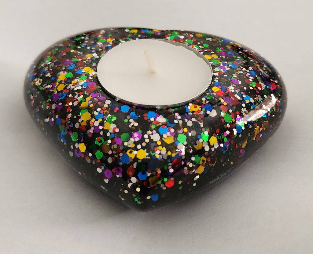 Heart Tealight Candle Holder- Black with Rainbow Glitter