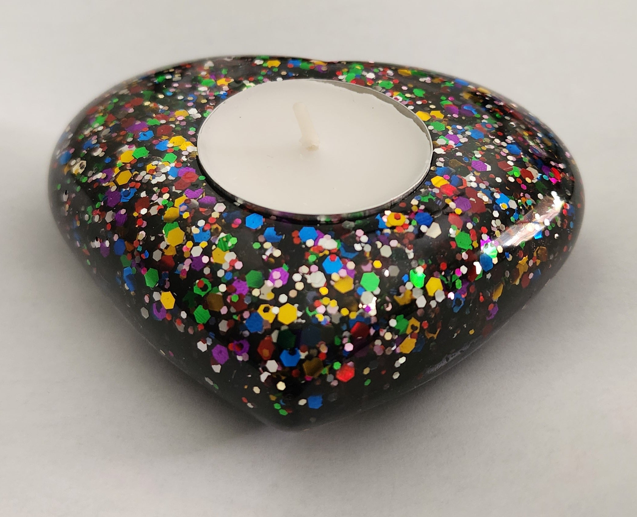 Heart Tealight Candle Holder- Black with Rainbow Glitter
