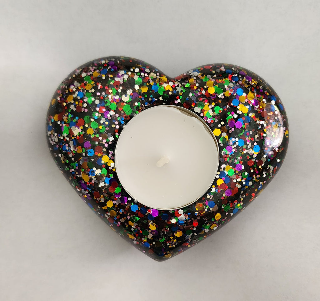 Heart Tealight Candle Holder- Black with Rainbow Glitter