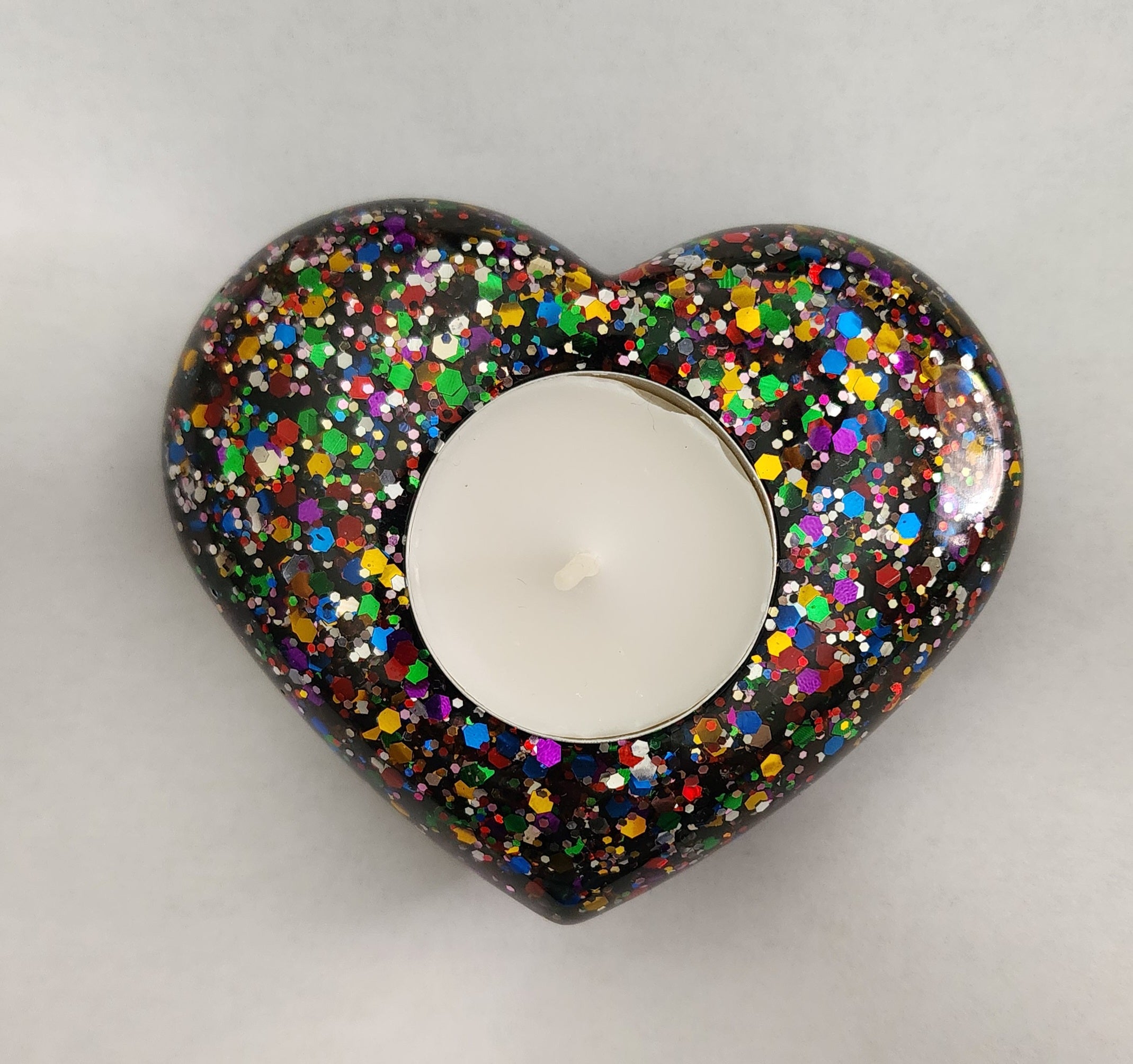 Heart Tealight Candle Holder- Black with Rainbow Glitter