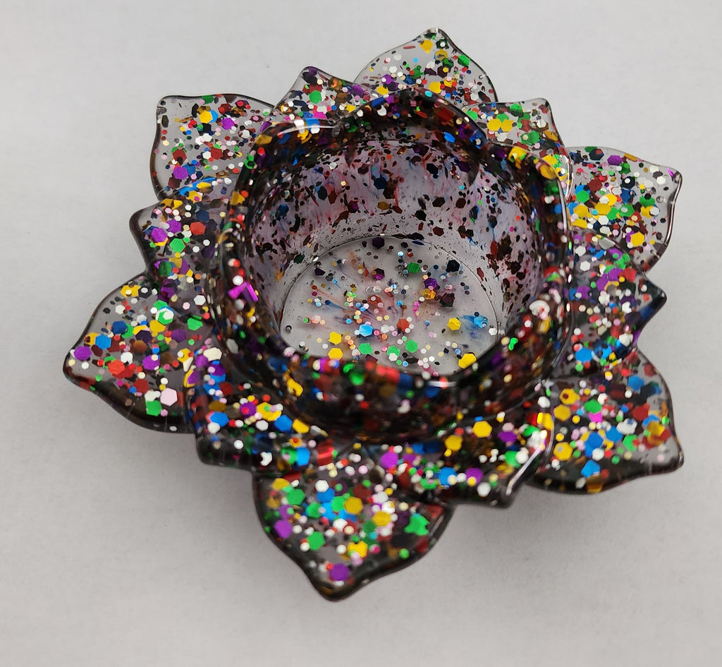 Lotus Flower Candle Holder- Black Rainbow Glitter