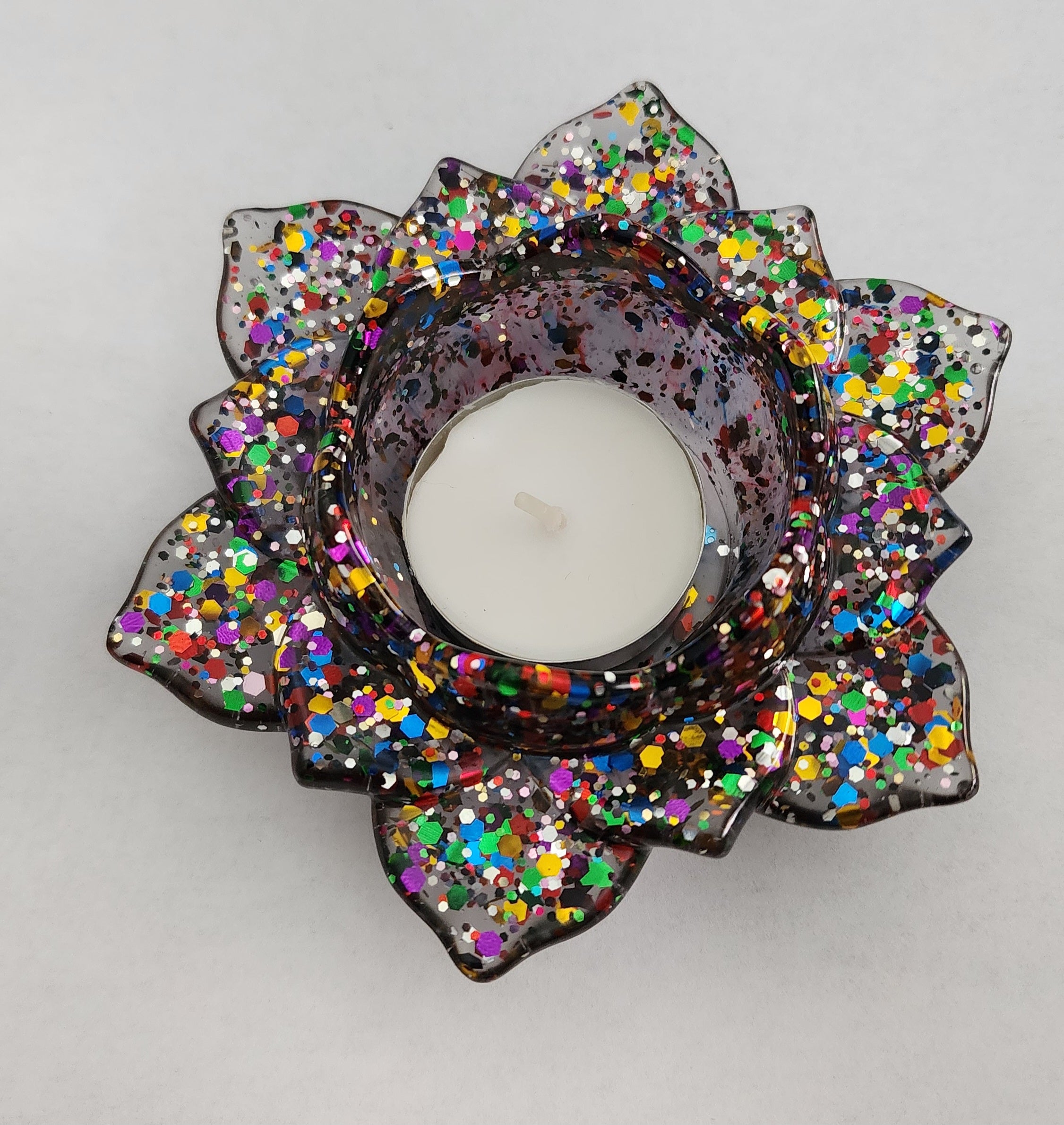 Lotus Flower Candle Holder- Black Rainbow Glitter