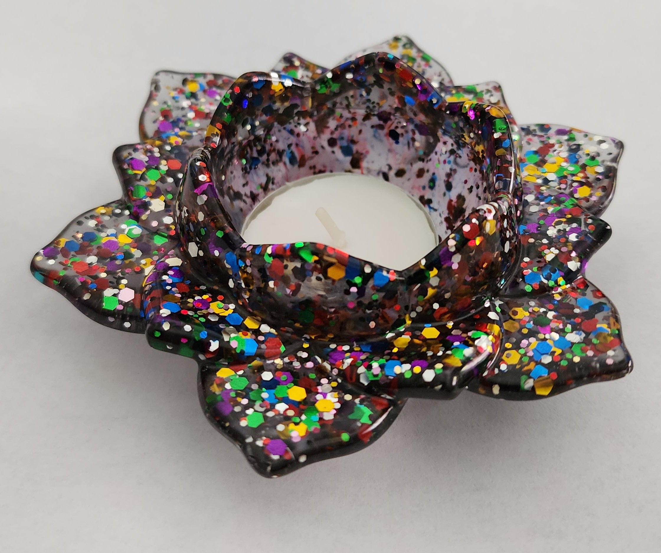 Lotus Flower Candle Holder- Black Rainbow Glitter
