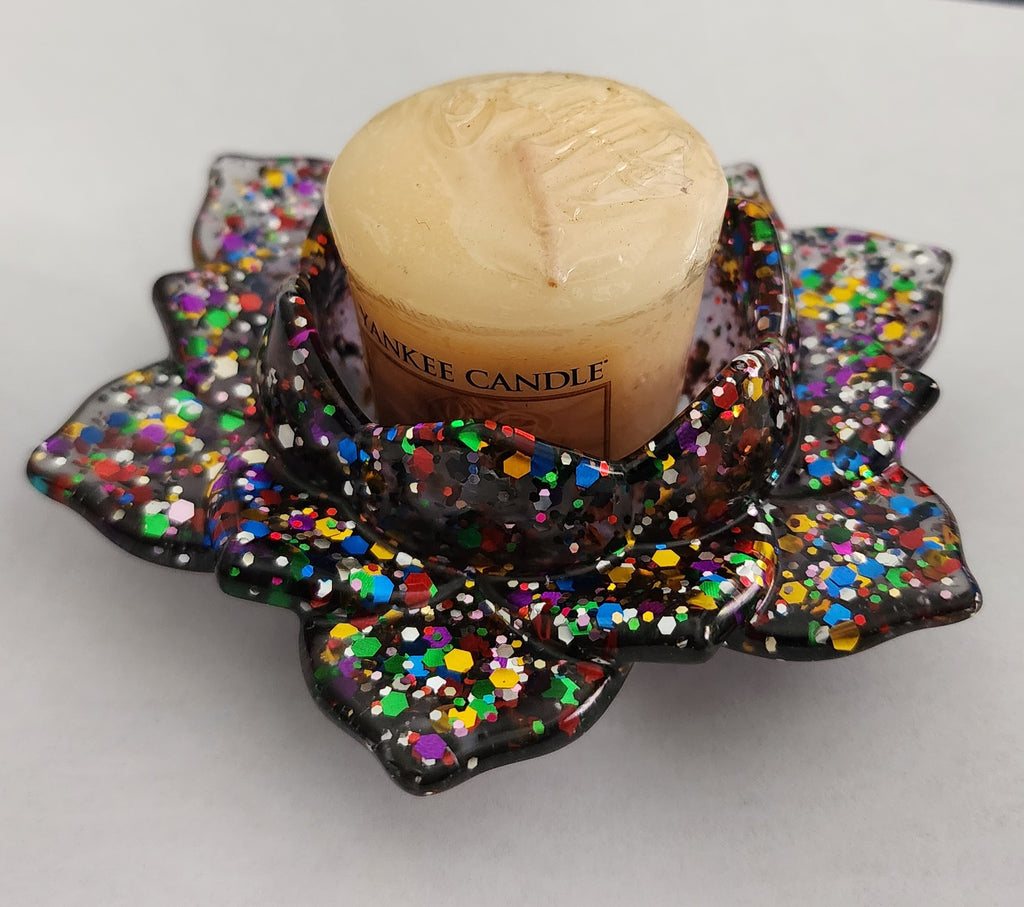 Lotus Flower Candle Holder- Black Rainbow Glitter