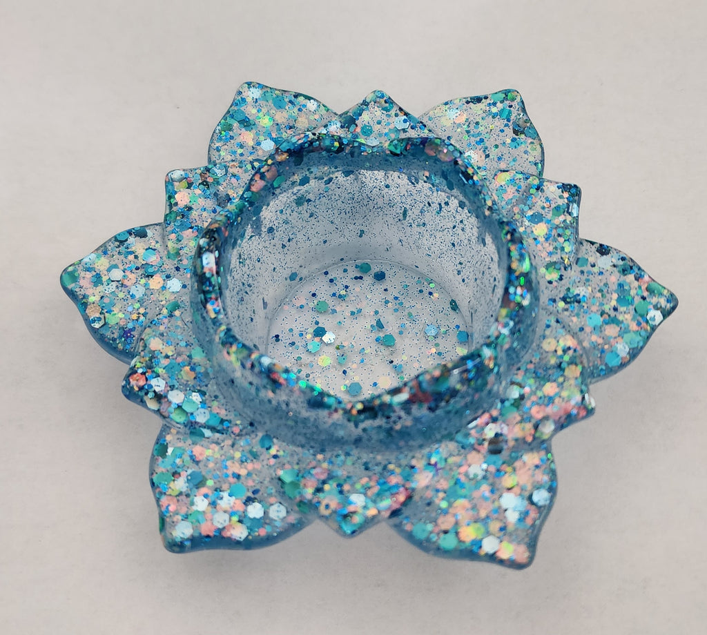 Lotus Flower Candle Holder- Blue Glitter