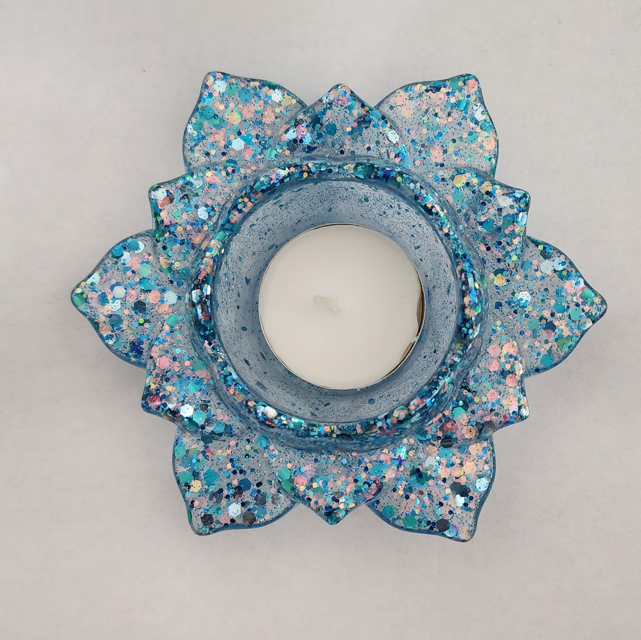 Lotus Flower Candle Holder- Blue Glitter