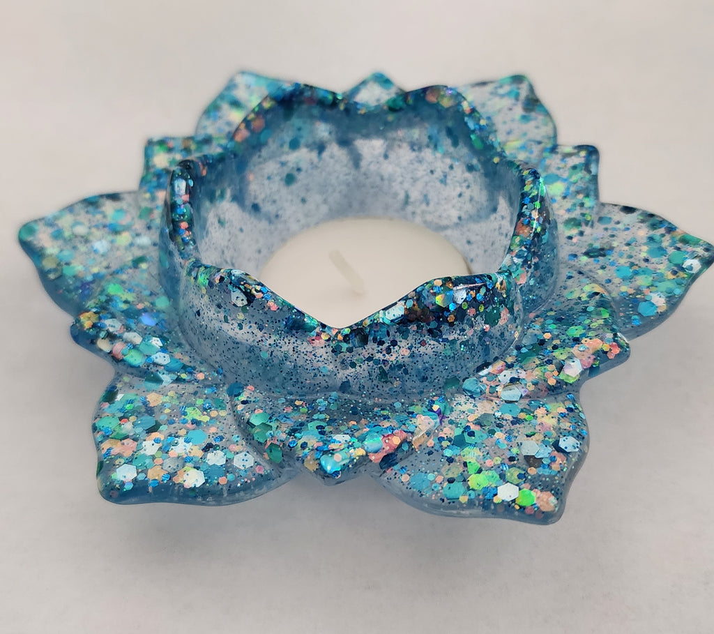 Lotus Flower Candle Holder- Blue Glitter