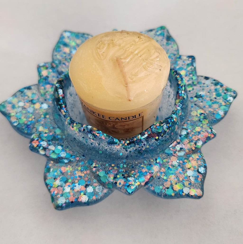 Lotus Flower Candle Holder- Blue Glitter