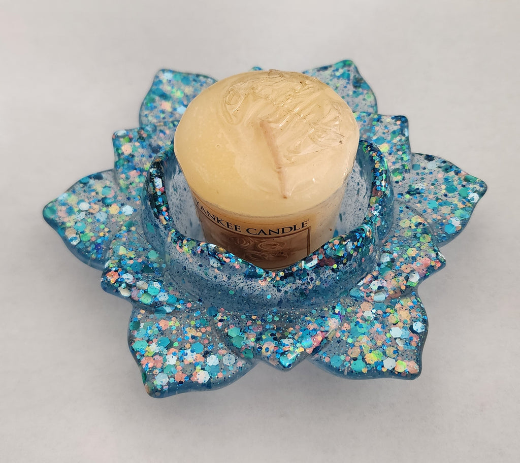 Lotus Flower Candle Holder- Blue Glitter