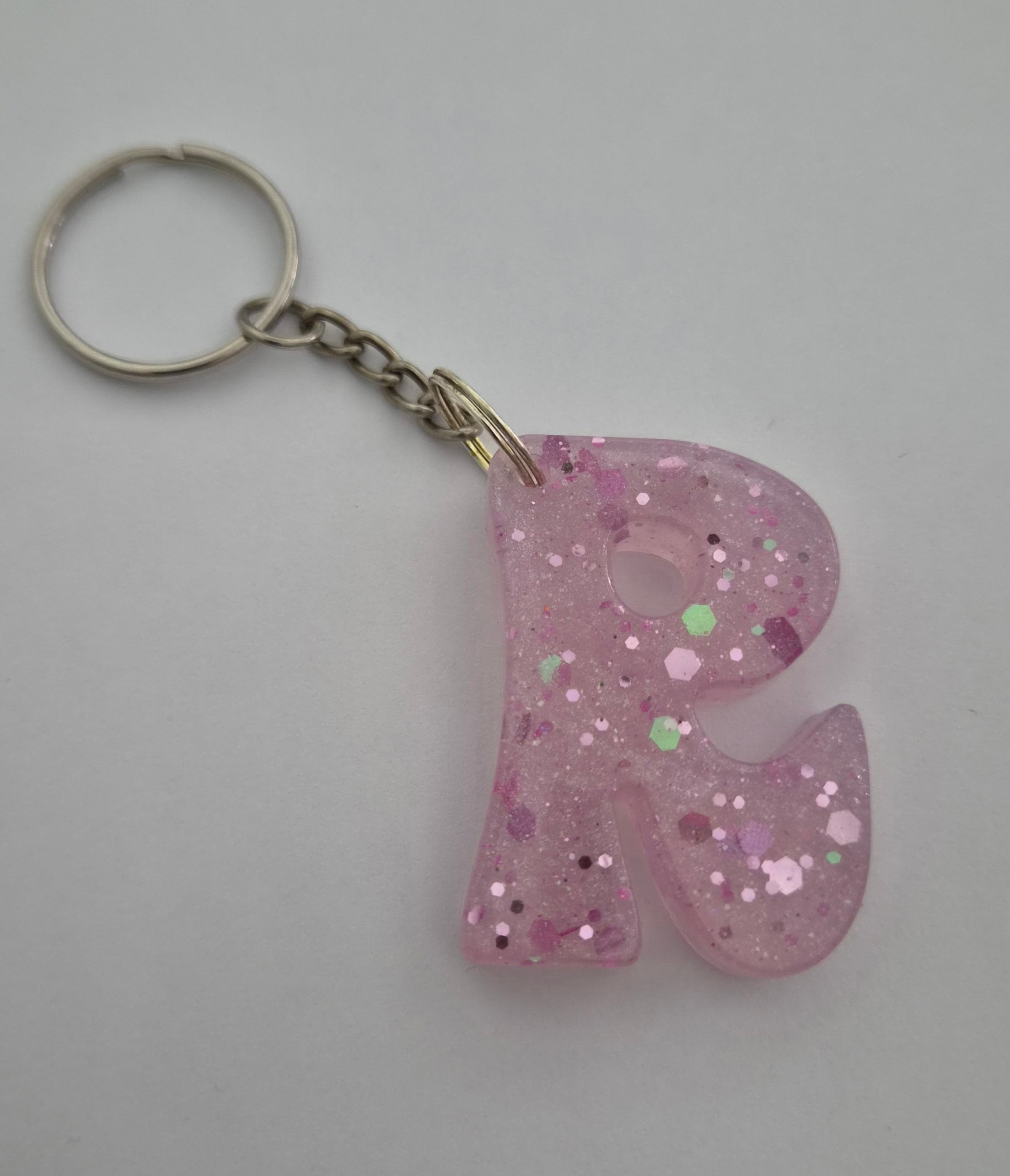 R 'Groovy' Keychain- Pink with Iridescent Glitter