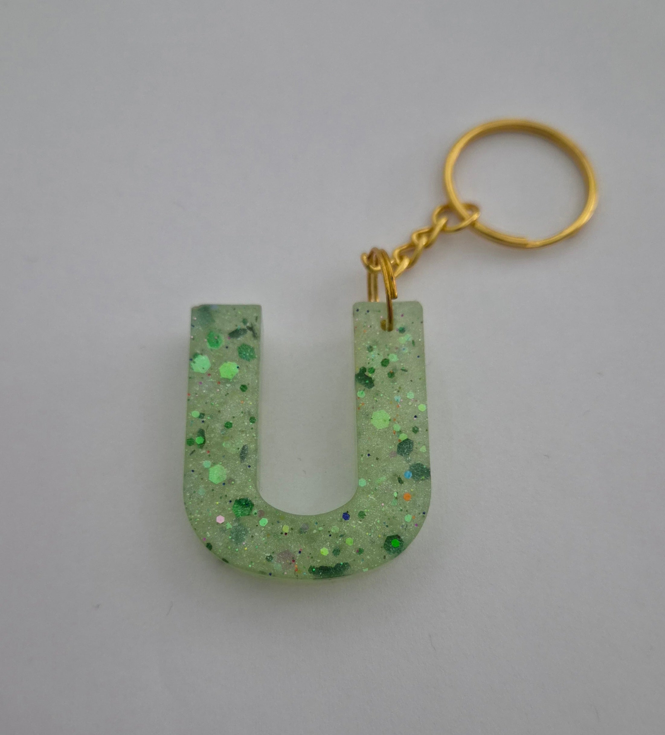 U Keychain- Green with Green Glitter