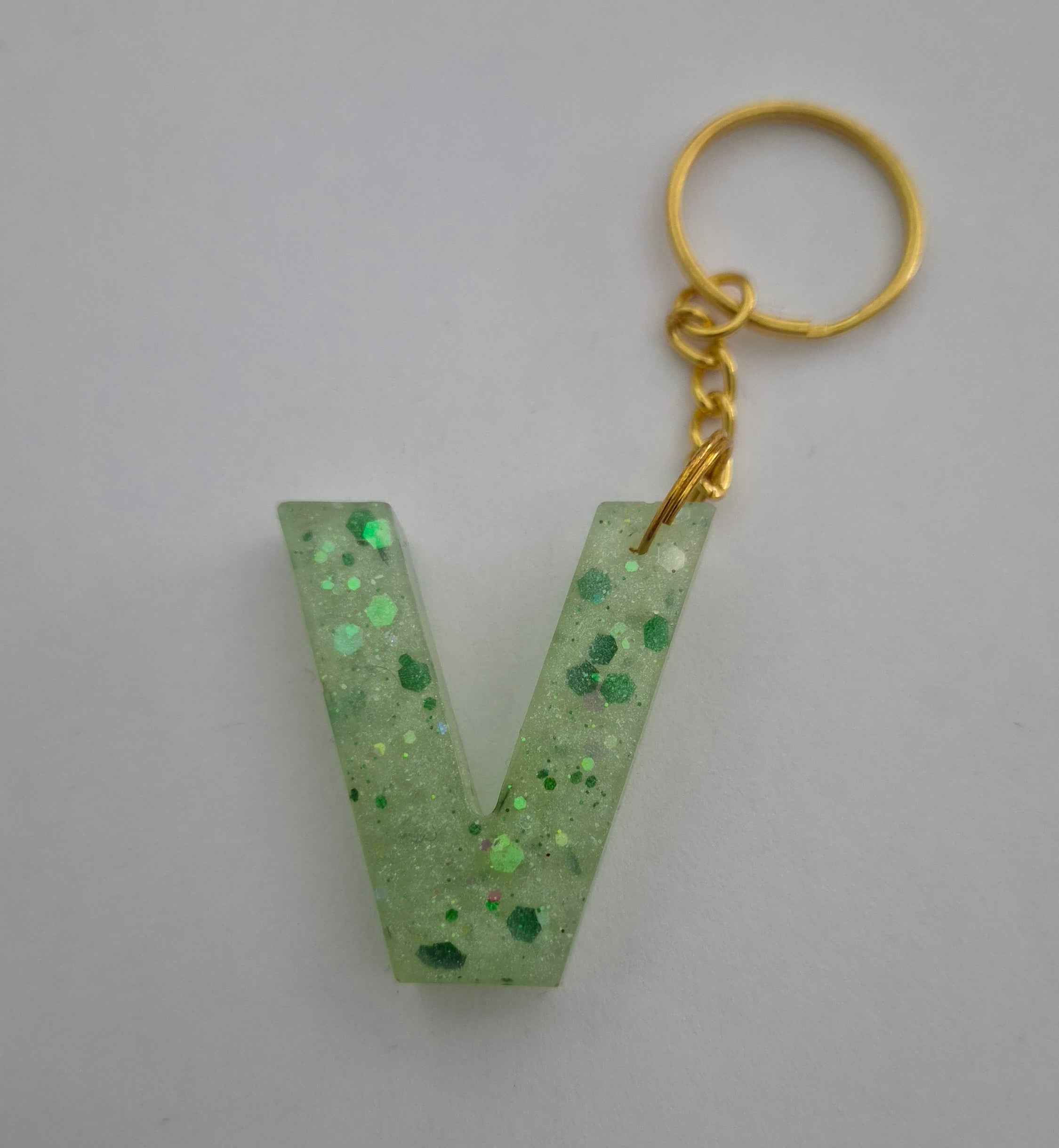 V Keychain- Green with Green Glitter