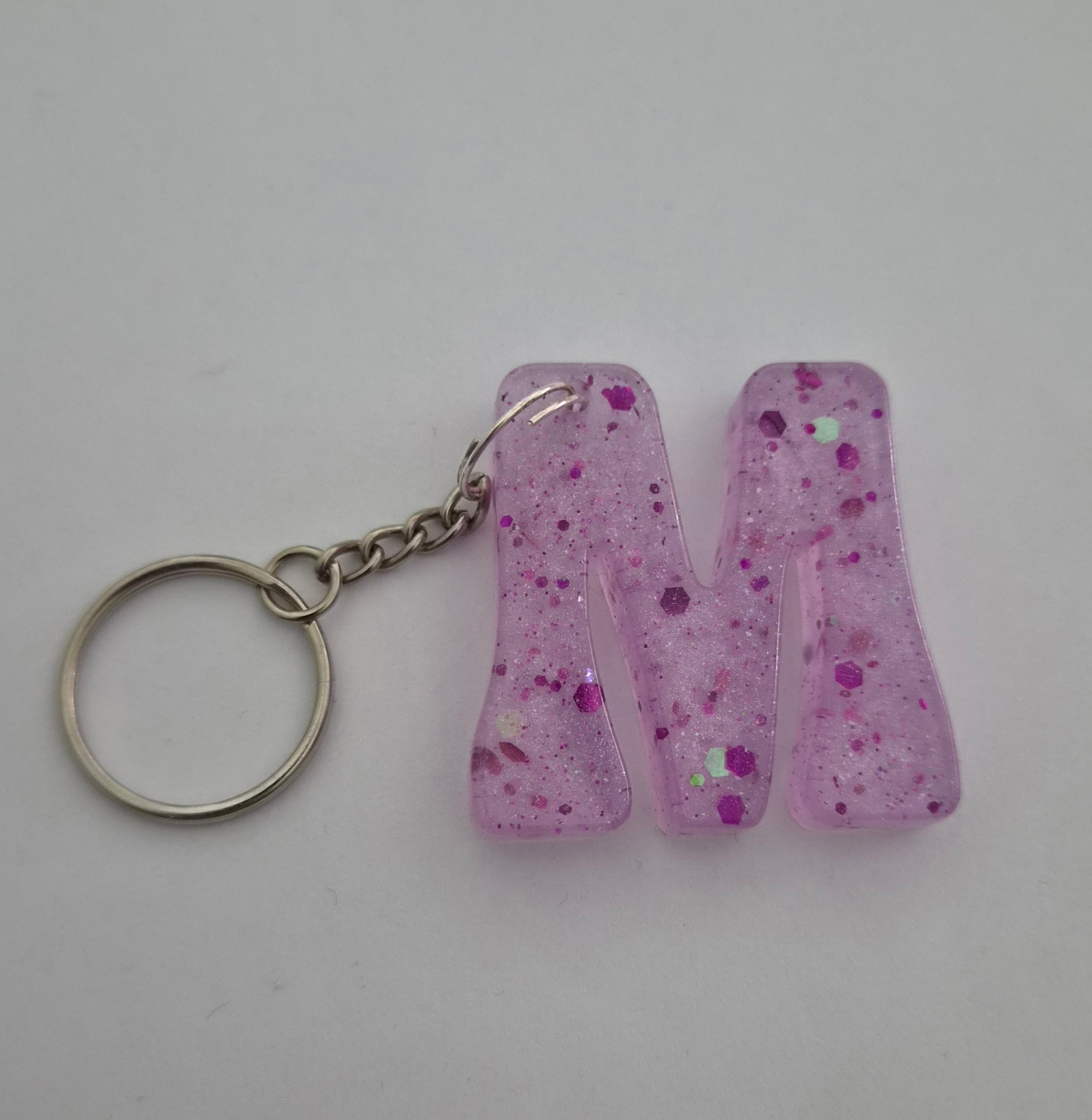 M 'Groovy' Keychain- Pink with Purple Glitter