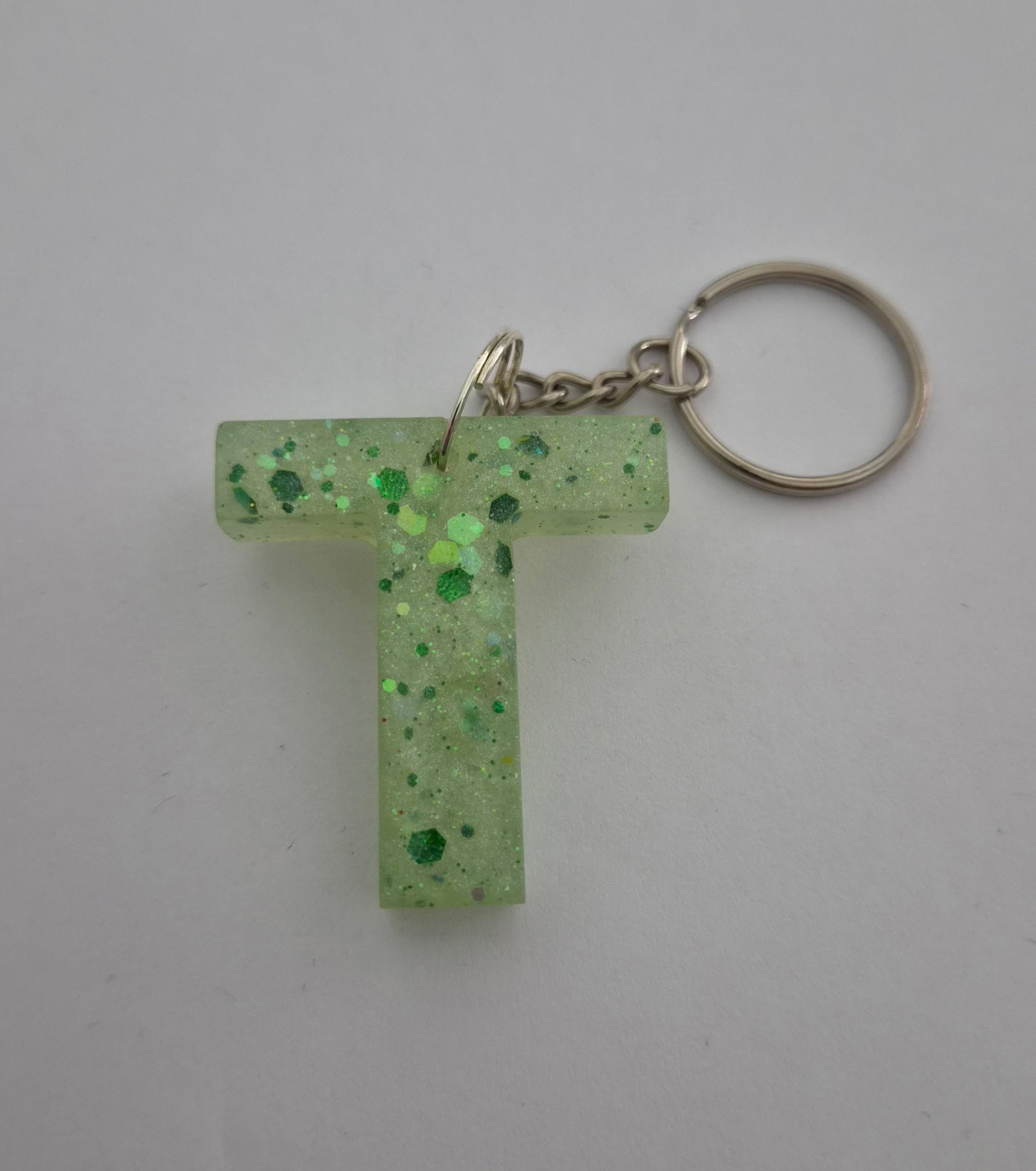 T Keychain- Light Green with Glitter
