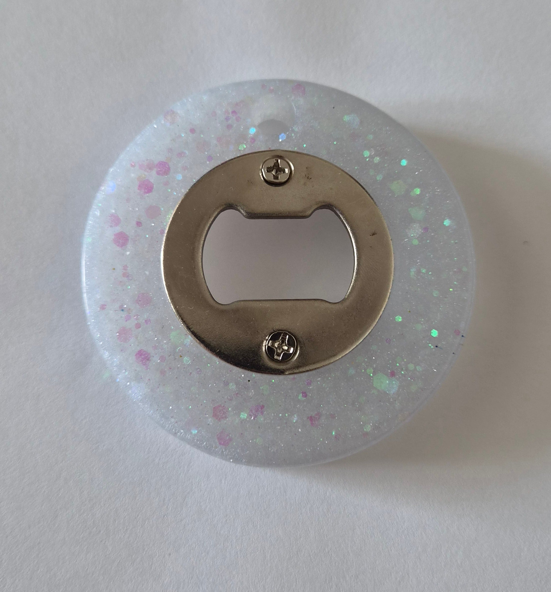Round Bottle Opener- White Glitter