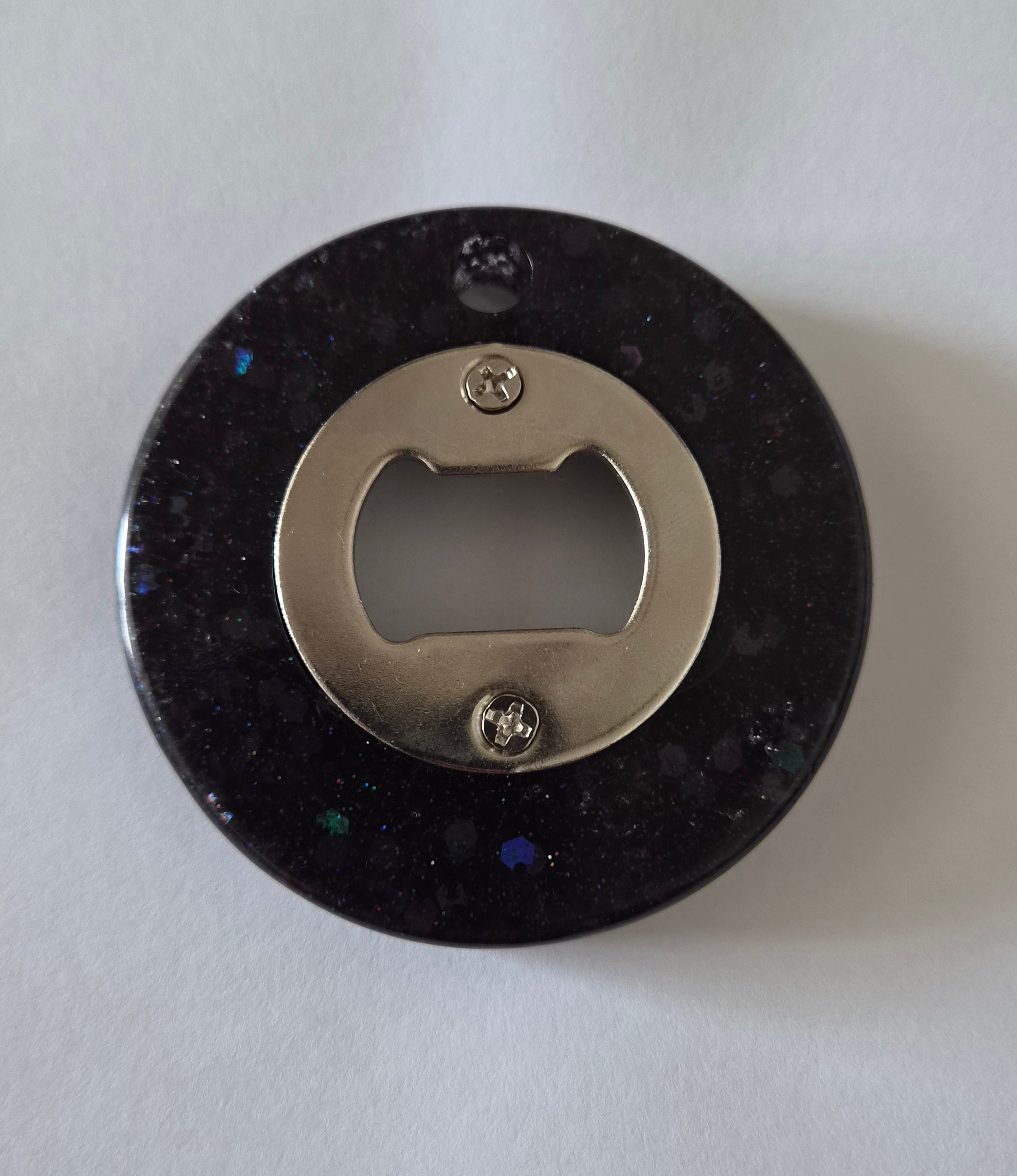 Round Bottle Opener- Black with Black Glitter