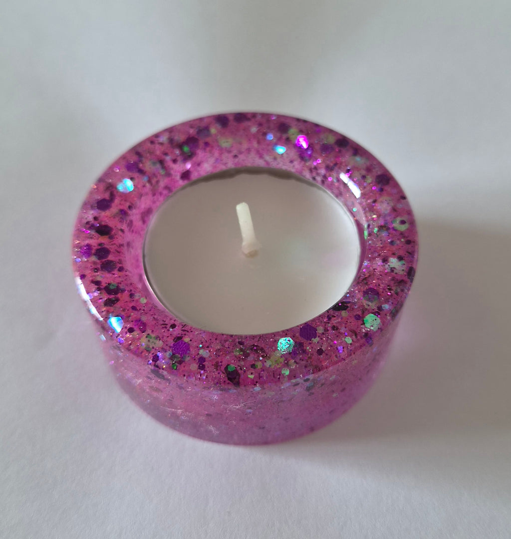 Round Tealight Candle Holder- Pink with Glitter