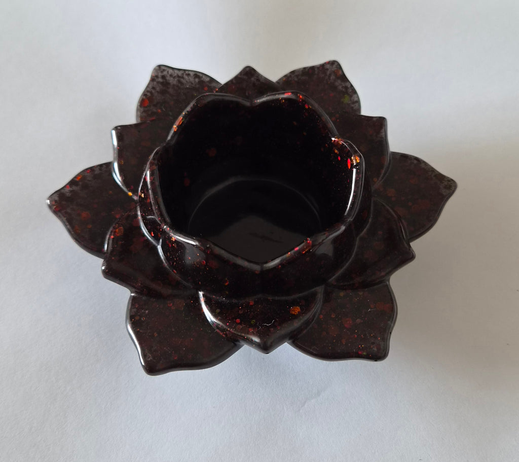 Lotus Flower Candle Holder- Black with Red Glitter