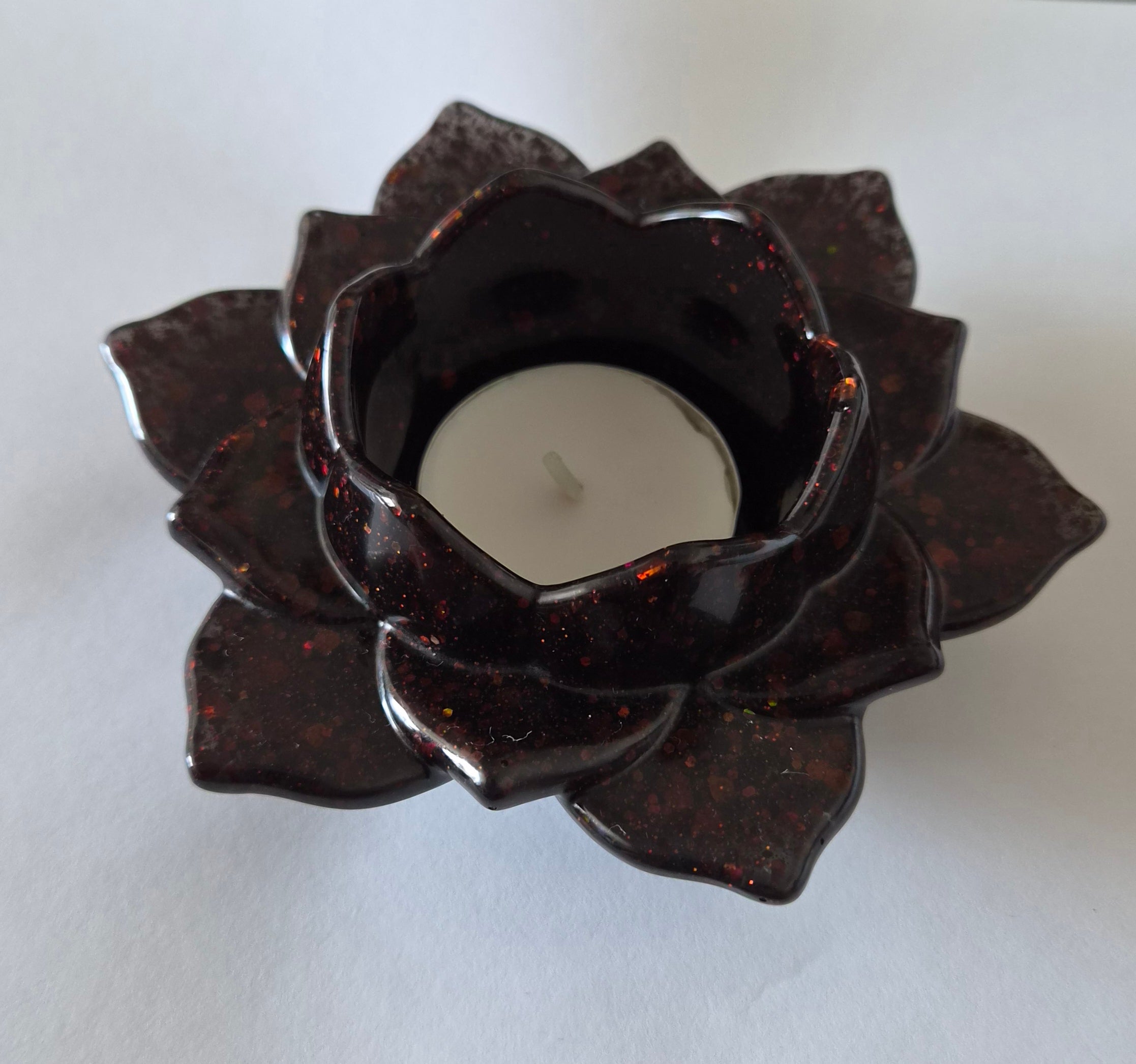 Lotus Flower Candle Holder- Black with Red Glitter