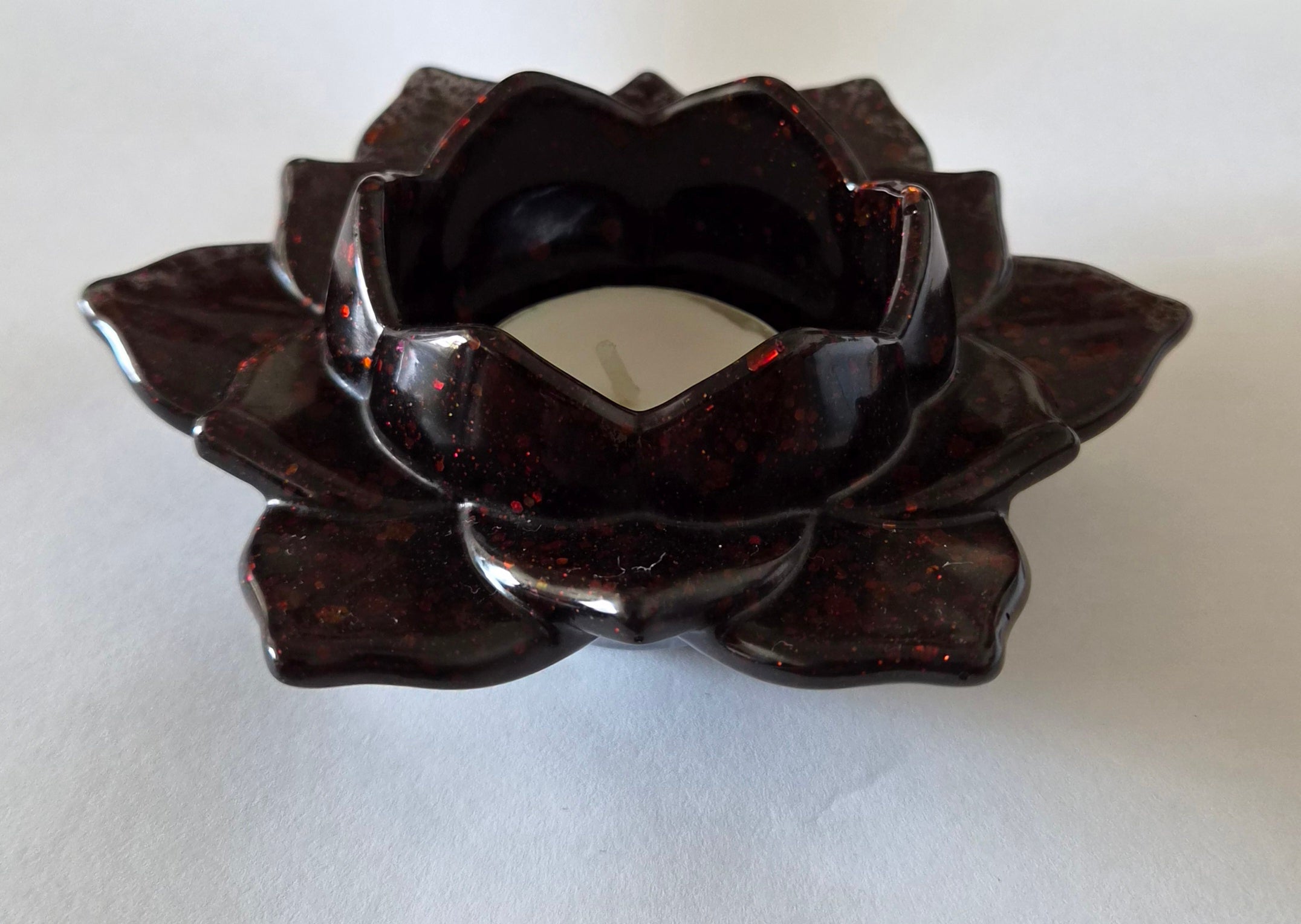 Lotus Flower Candle Holder- Black with Red Glitter